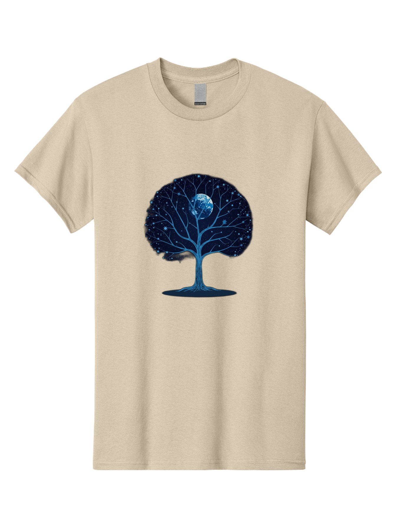 Tree-With-Moon Men'S Graphic Tee, 100% Cotton, Comfortable Casual Summer Wear, Machine Washable, Tree With Bare Branches, Full Moon In The Canopy, Night Sky, Starry Background, Spiritual Symbolism, Mystic Atmosphere, Celestial Body, Bab551 13