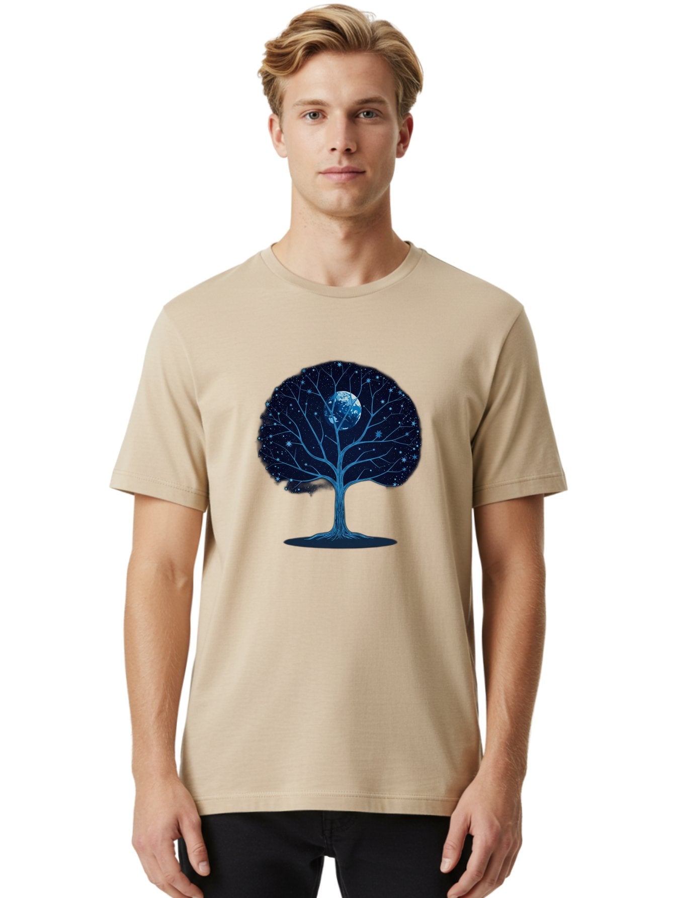 Tree-With-Moon Men'S Graphic Tee, 100% Cotton, Comfortable Casual Summer Wear, Machine Washable, Tree With Bare Branches, Full Moon In The Canopy, Night Sky, Starry Background, Spiritual Symbolism, Mystic Atmosphere, Celestial Body, Bab551 20