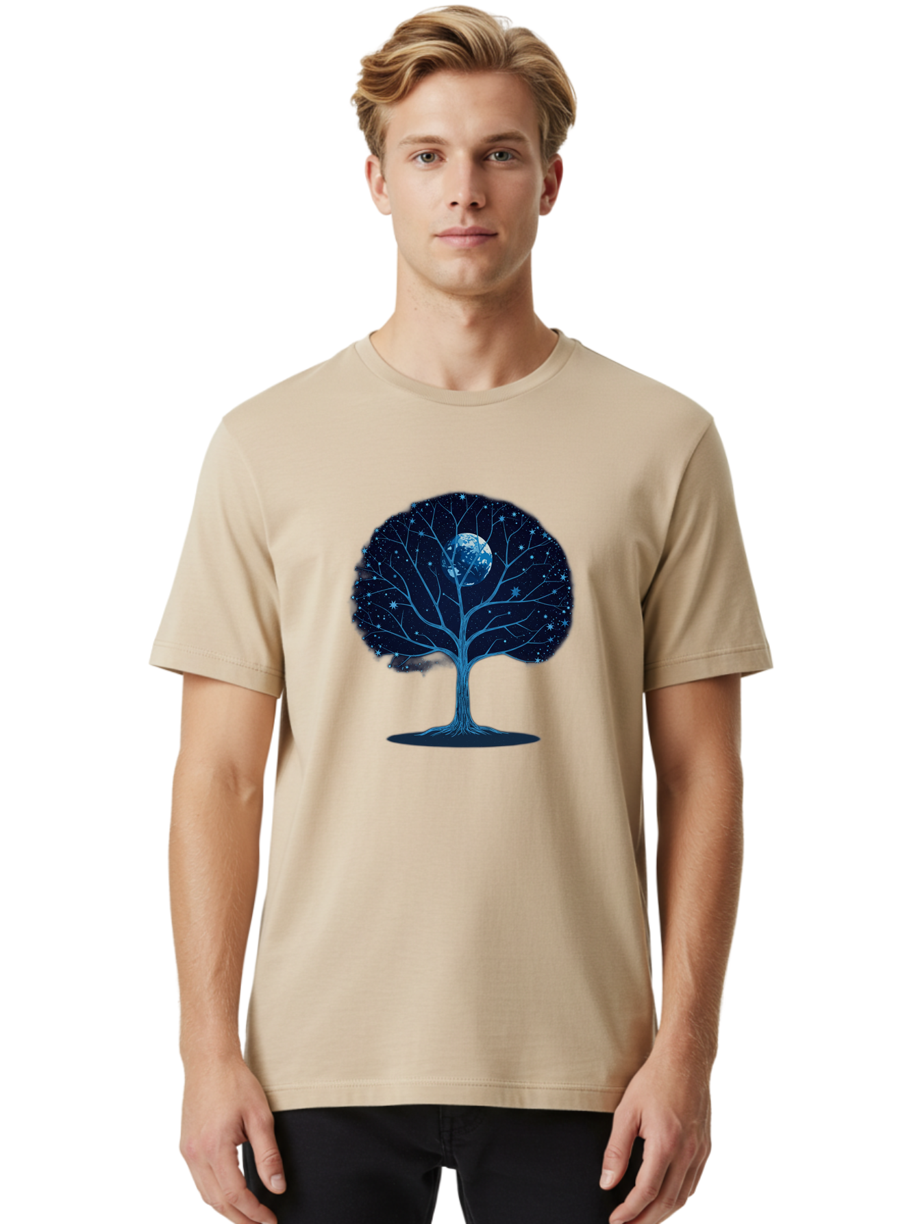 Tree-With-Moon Men'S Graphic Tee, 100% Cotton, Comfortable Casual Summer Wear, Machine Washable, Tree With Bare Branches, Full Moon In The Canopy, Night Sky, Starry Background, Spiritual Symbolism, Mystic Atmosphere, Celestial Body, Bab551 30