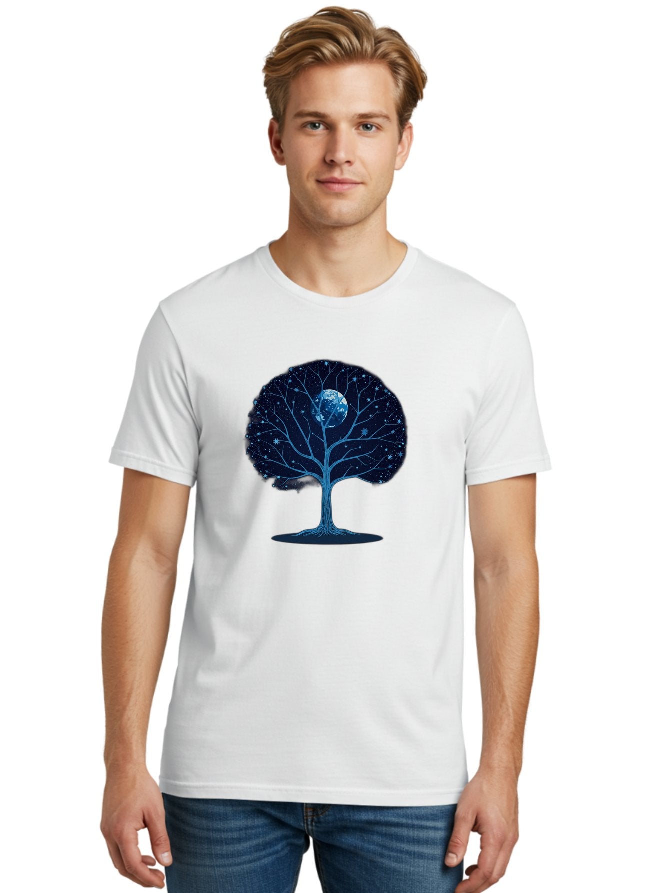 Tree-With-Moon Men'S Graphic Tee, 100% Cotton, Comfortable Casual Summer Wear, Machine Washable, Tree With Bare Branches, Full Moon In The Canopy, Night Sky, Starry Background, Spiritual Symbolism, Mystic Atmosphere, Celestial Body, Bab551 22
