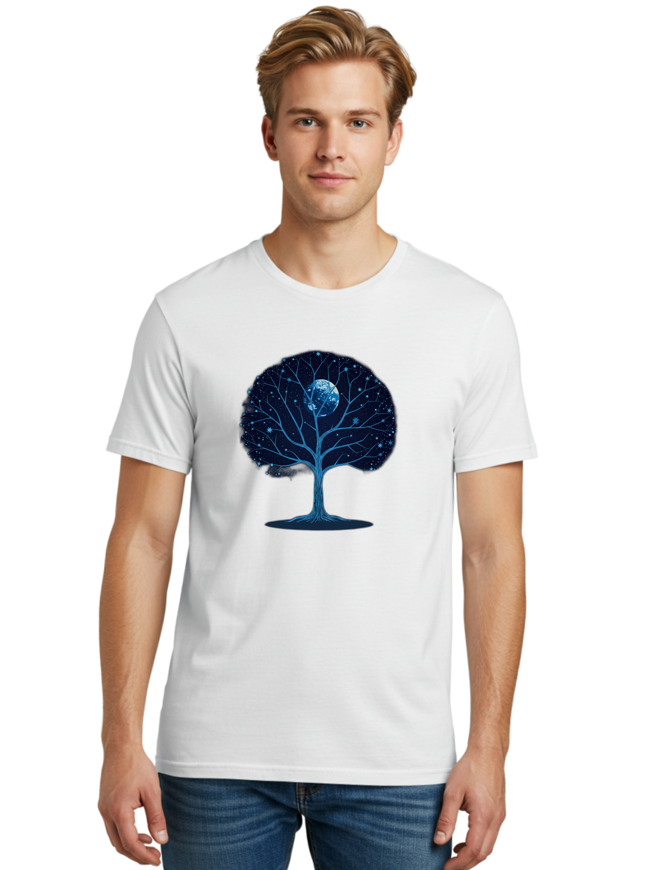 Tree-With-Moon Men'S Graphic Tee, 100% Cotton, Comfortable Casual Summer Wear, Machine Washable, Tree With Bare Branches, Full Moon In The Canopy, Night Sky, Starry Background, Spiritual Symbolism, Mystic Atmosphere, Celestial Body, Bab551 24