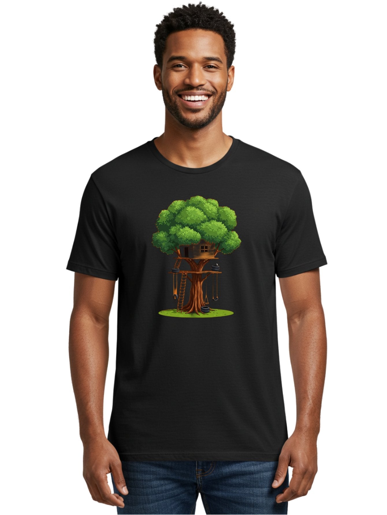 Treehouse Men'S Graphic Tee, 100% Cotton, Comfortable Casual Summer Wear, Machine Washable, Treehouse In The Tree, Wooden Ladder, Rope Swings, Natural Scenery, Outdoor Play, Whimsical Design, Fantasy Getaway, Imaginative Play, Bab552 21