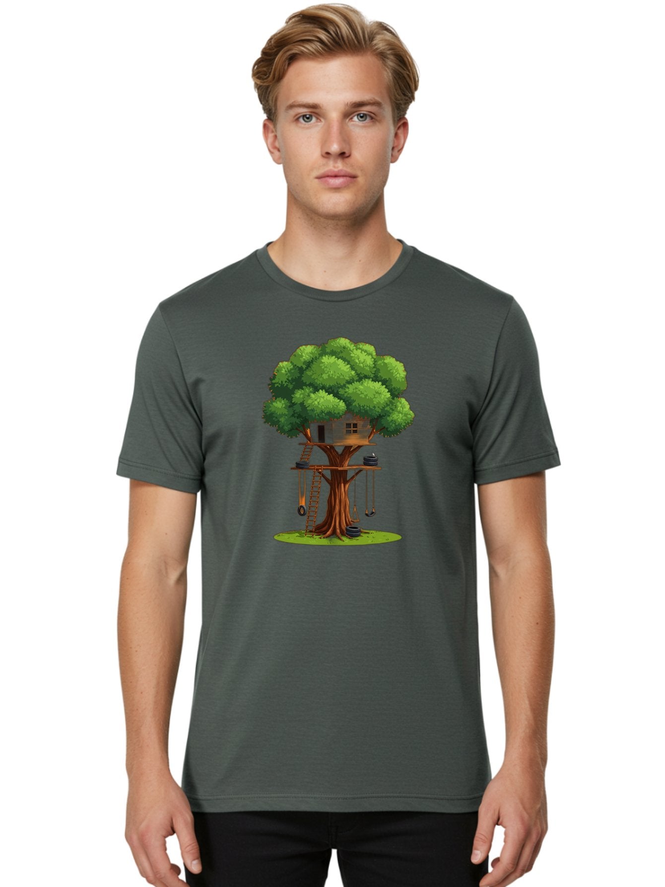 Treehouse Men'S Graphic Tee, 100% Cotton, Comfortable Casual Summer Wear, Machine Washable, Treehouse In The Tree, Wooden Ladder, Rope Swings, Natural Scenery, Outdoor Play, Whimsical Design, Fantasy Getaway, Imaginative Play, Bab552 27