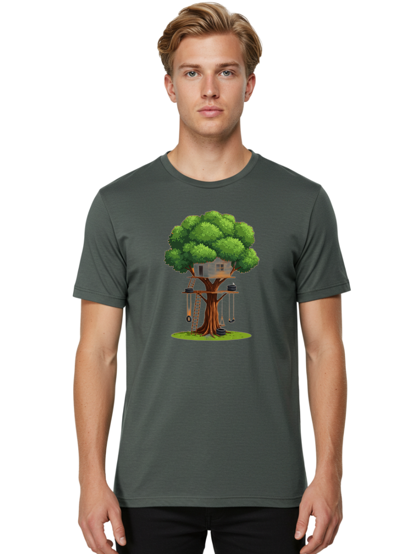 Treehouse Men'S Graphic Tee, 100% Cotton, Comfortable Casual Summer Wear, Machine Washable, Treehouse In The Tree, Wooden Ladder, Rope Swings, Natural Scenery, Outdoor Play, Whimsical Design, Fantasy Getaway, Imaginative Play, Bab552 19