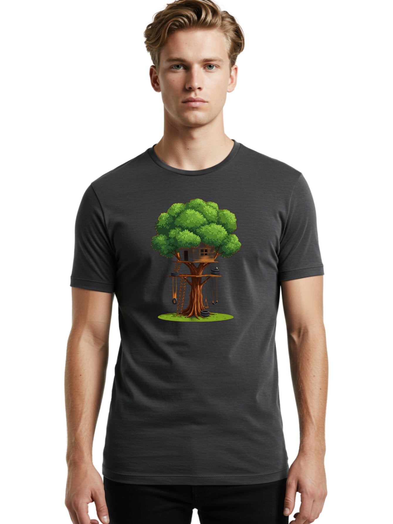 Treehouse Men'S Graphic Tee, 100% Cotton, Comfortable Casual Summer Wear, Machine Washable, Treehouse In The Tree, Wooden Ladder, Rope Swings, Natural Scenery, Outdoor Play, Whimsical Design, Fantasy Getaway, Imaginative Play, Bab552 16
