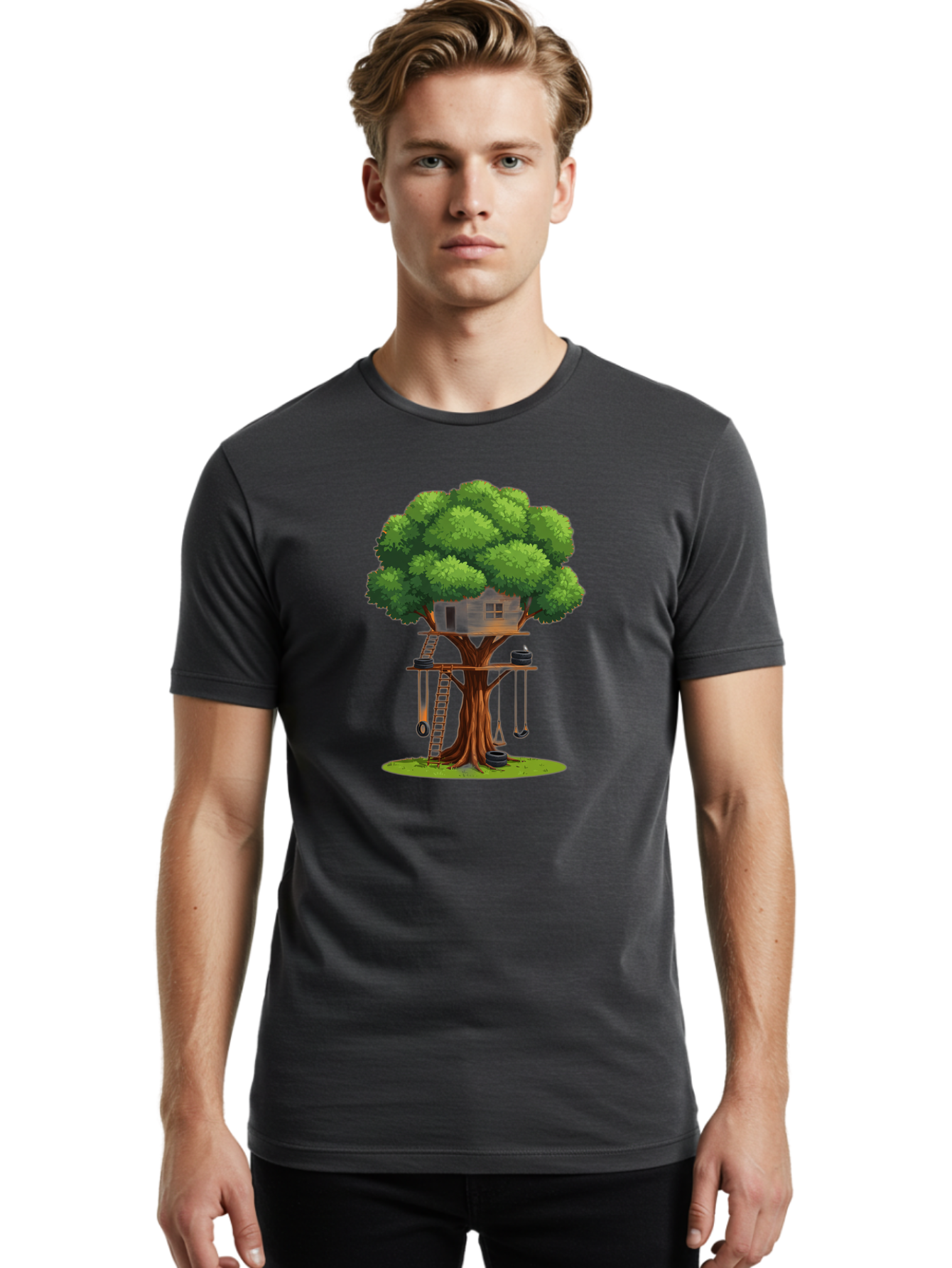 Treehouse Men'S Graphic Tee, 100% Cotton, Comfortable Casual Summer Wear, Machine Washable, Treehouse In The Tree, Wooden Ladder, Rope Swings, Natural Scenery, Outdoor Play, Whimsical Design, Fantasy Getaway, Imaginative Play, Bab552 28