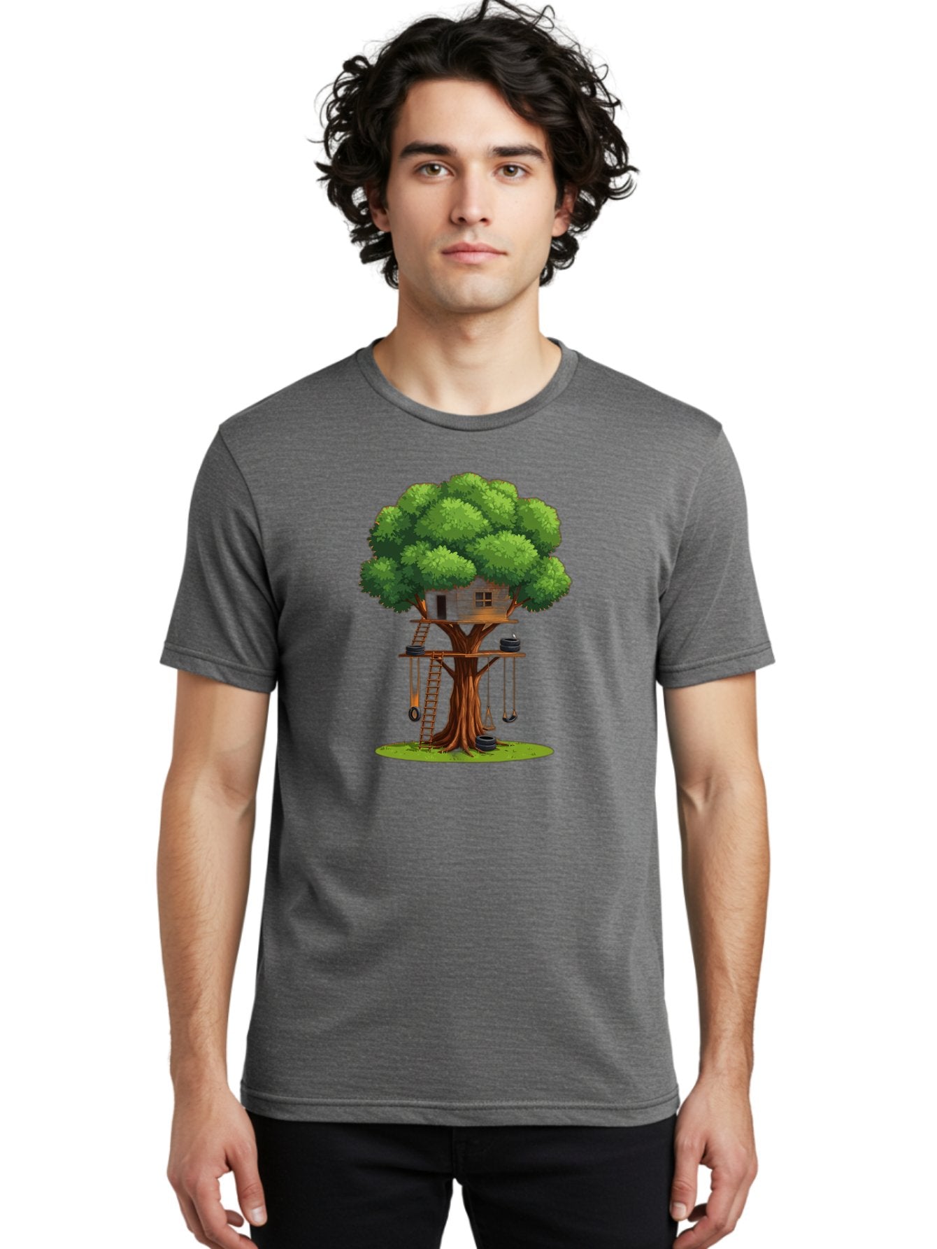 Treehouse Men'S Graphic Tee, 100% Cotton, Comfortable Casual Summer Wear, Machine Washable, Treehouse In The Tree, Wooden Ladder, Rope Swings, Natural Scenery, Outdoor Play, Whimsical Design, Fantasy Getaway, Imaginative Play, Bab552 24