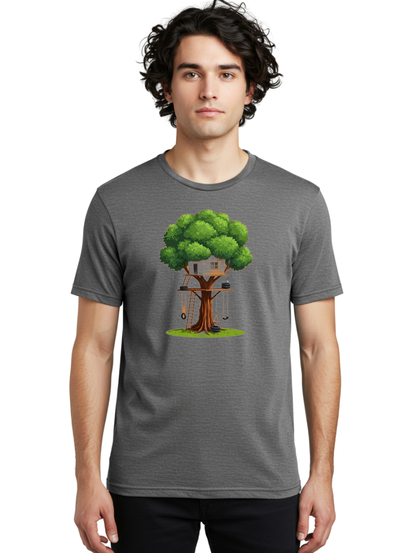 Treehouse Men'S Graphic Tee, 100% Cotton, Comfortable Casual Summer Wear, Machine Washable, Treehouse In The Tree, Wooden Ladder, Rope Swings, Natural Scenery, Outdoor Play, Whimsical Design, Fantasy Getaway, Imaginative Play, Bab552 22