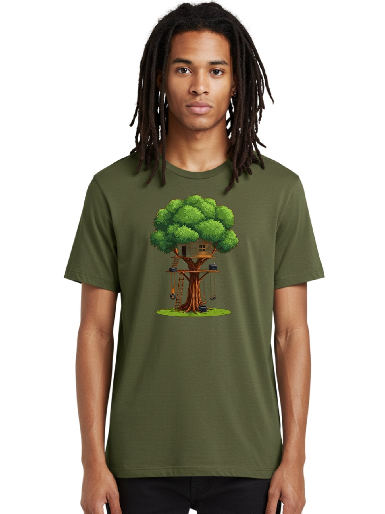 Treehouse Men'S Graphic Tee, 100% Cotton, Comfortable Casual Summer Wear, Machine Washable, Treehouse In The Tree, Wooden Ladder, Rope Swings, Natural Scenery, Outdoor Play, Whimsical Design, Fantasy Getaway, Imaginative Play, Bab552 29