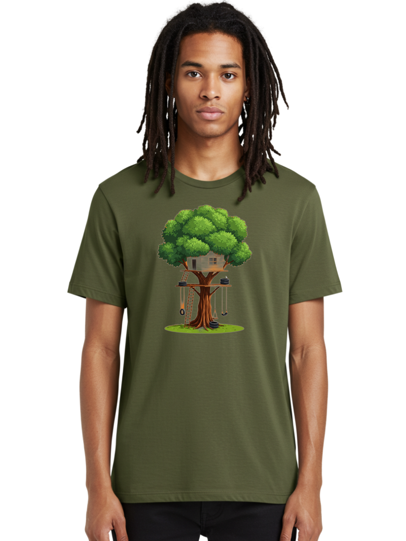 Treehouse Men'S Graphic Tee, 100% Cotton, Comfortable Casual Summer Wear, Machine Washable, Treehouse In The Tree, Wooden Ladder, Rope Swings, Natural Scenery, Outdoor Play, Whimsical Design, Fantasy Getaway, Imaginative Play, Bab552 17