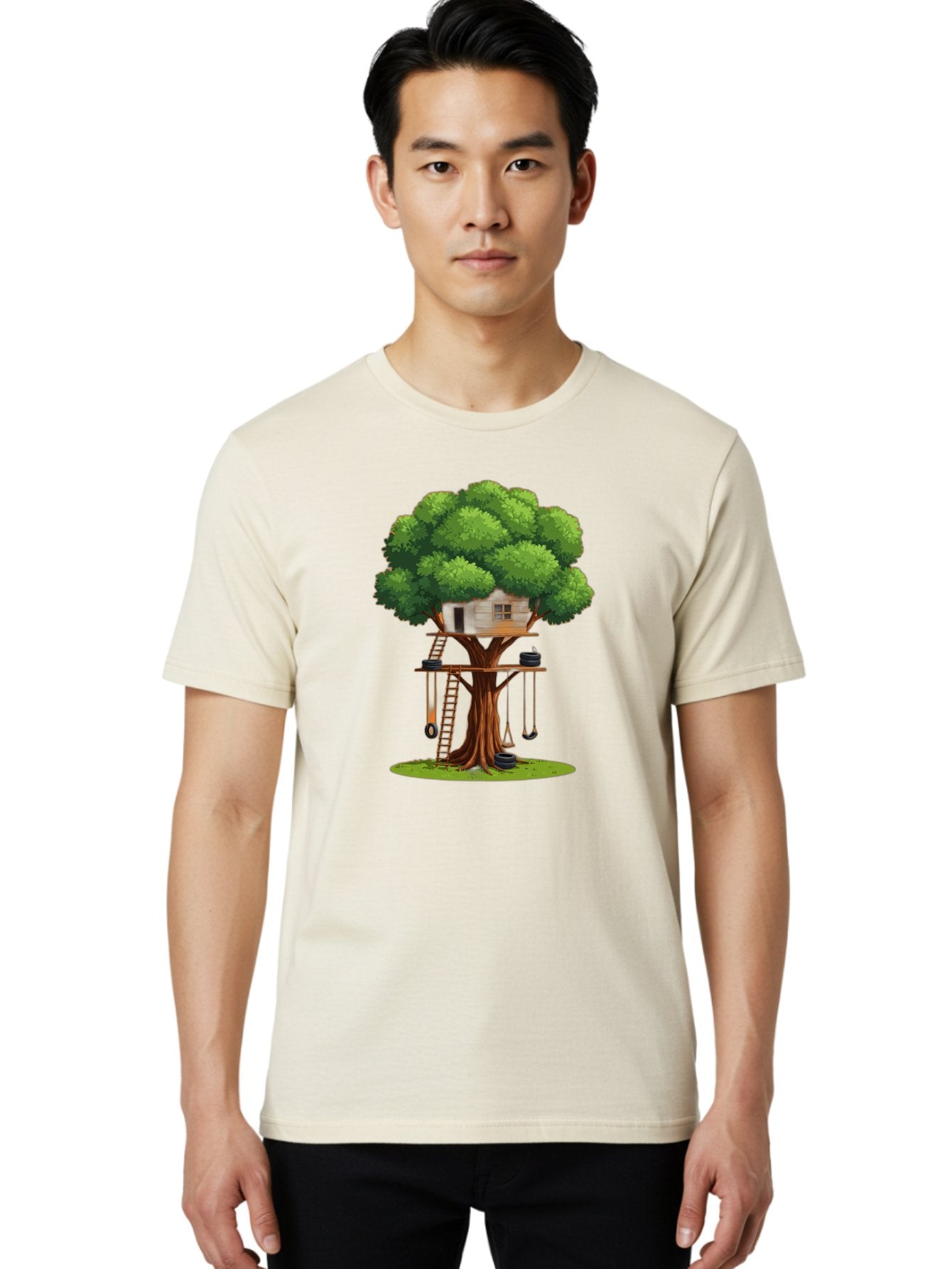 Treehouse Men'S Graphic Tee, 100% Cotton, Comfortable Casual Summer Wear, Machine Washable, Treehouse In The Tree, Wooden Ladder, Rope Swings, Natural Scenery, Outdoor Play, Whimsical Design, Fantasy Getaway, Imaginative Play, Bab552 28
