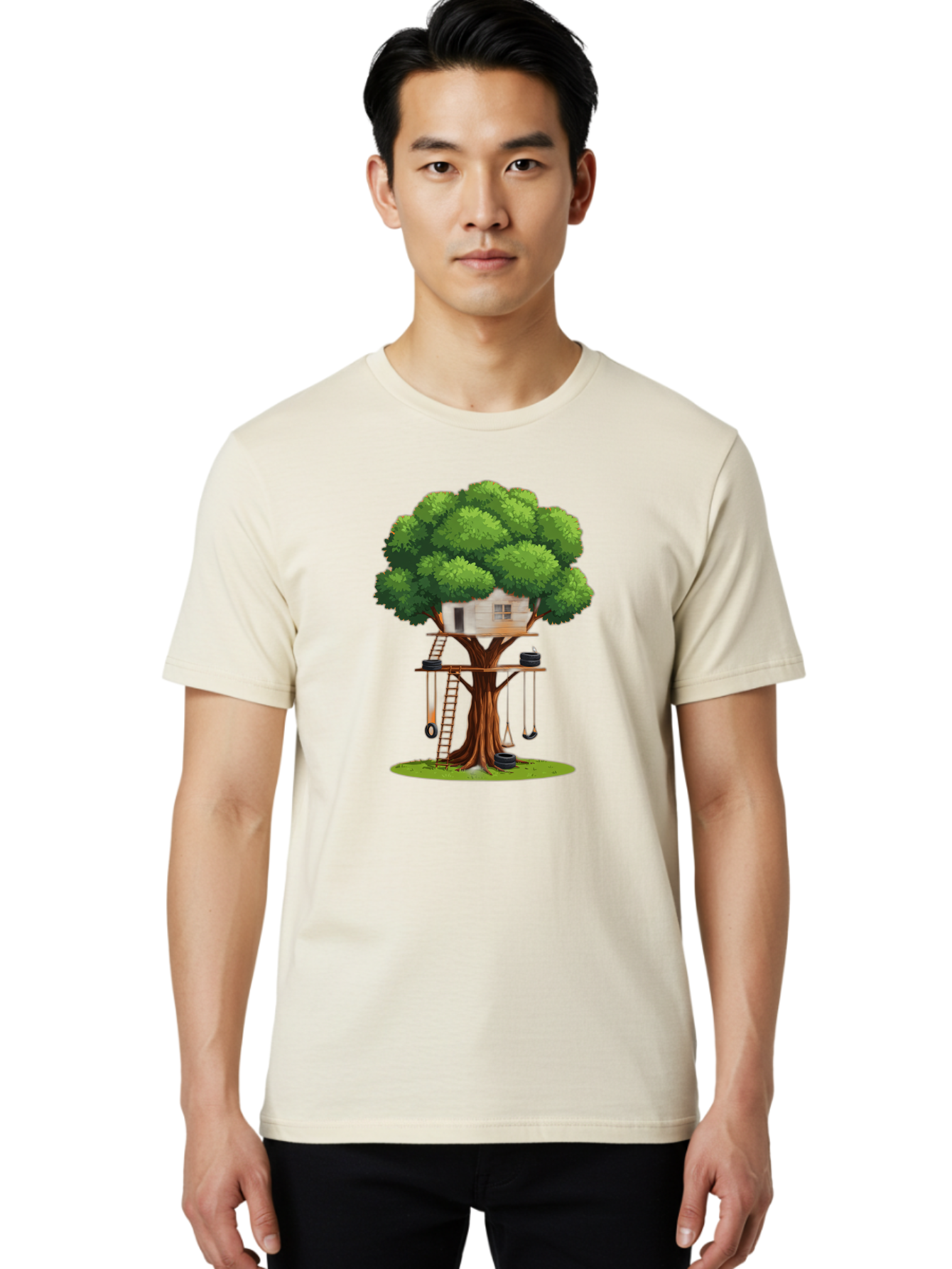 Treehouse Men'S Graphic Tee, 100% Cotton, Comfortable Casual Summer Wear, Machine Washable, Treehouse In The Tree, Wooden Ladder, Rope Swings, Natural Scenery, Outdoor Play, Whimsical Design, Fantasy Getaway, Imaginative Play, Bab552 18