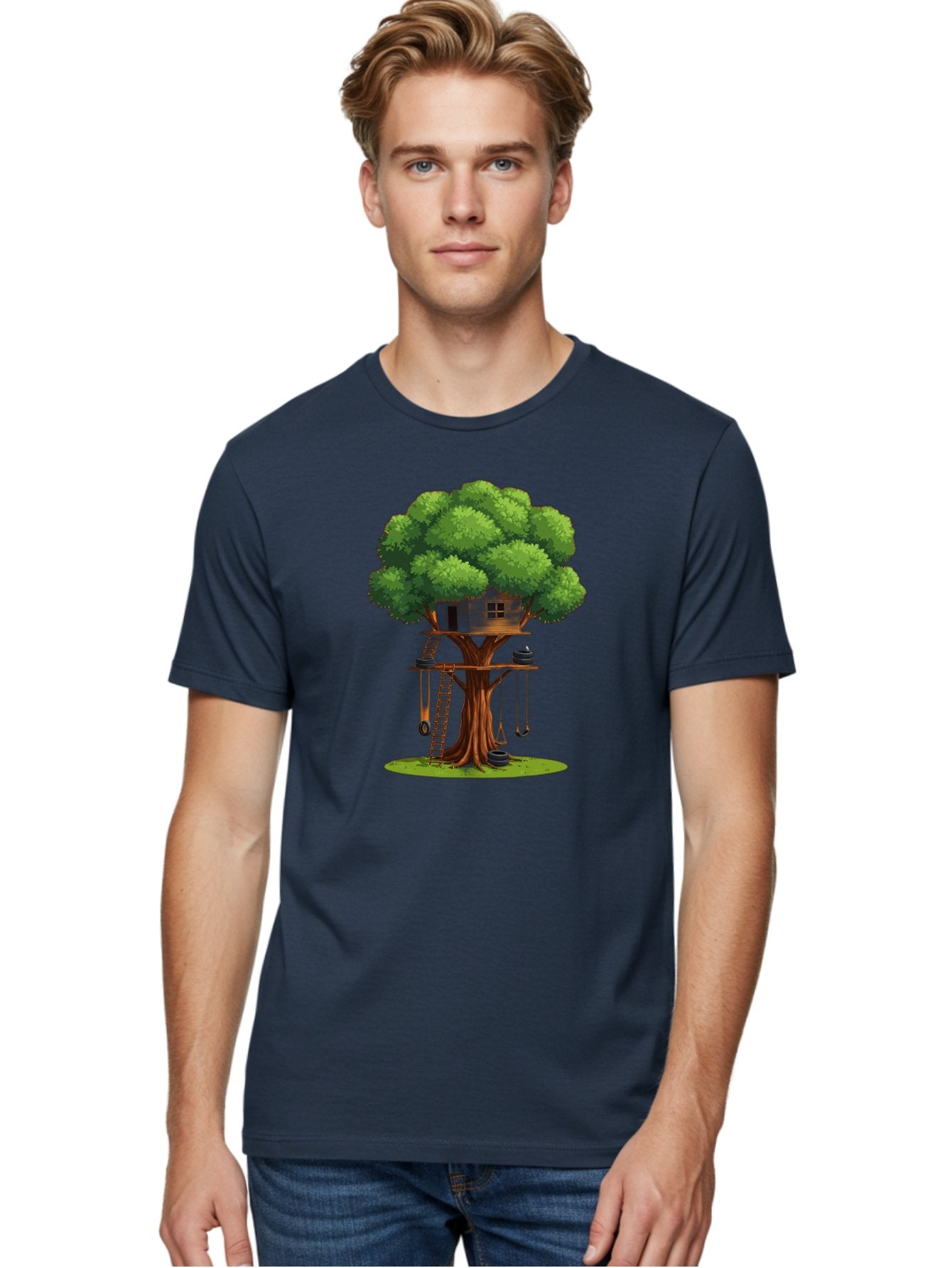 Treehouse Men'S Graphic Tee, 100% Cotton, Comfortable Casual Summer Wear, Machine Washable, Treehouse In The Tree, Wooden Ladder, Rope Swings, Natural Scenery, Outdoor Play, Whimsical Design, Fantasy Getaway, Imaginative Play, Bab552 23