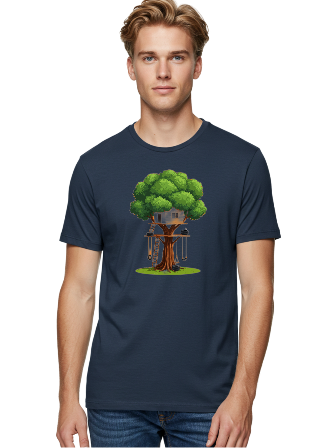 Treehouse Men'S Graphic Tee, 100% Cotton, Comfortable Casual Summer Wear, Machine Washable, Treehouse In The Tree, Wooden Ladder, Rope Swings, Natural Scenery, Outdoor Play, Whimsical Design, Fantasy Getaway, Imaginative Play, Bab552 23