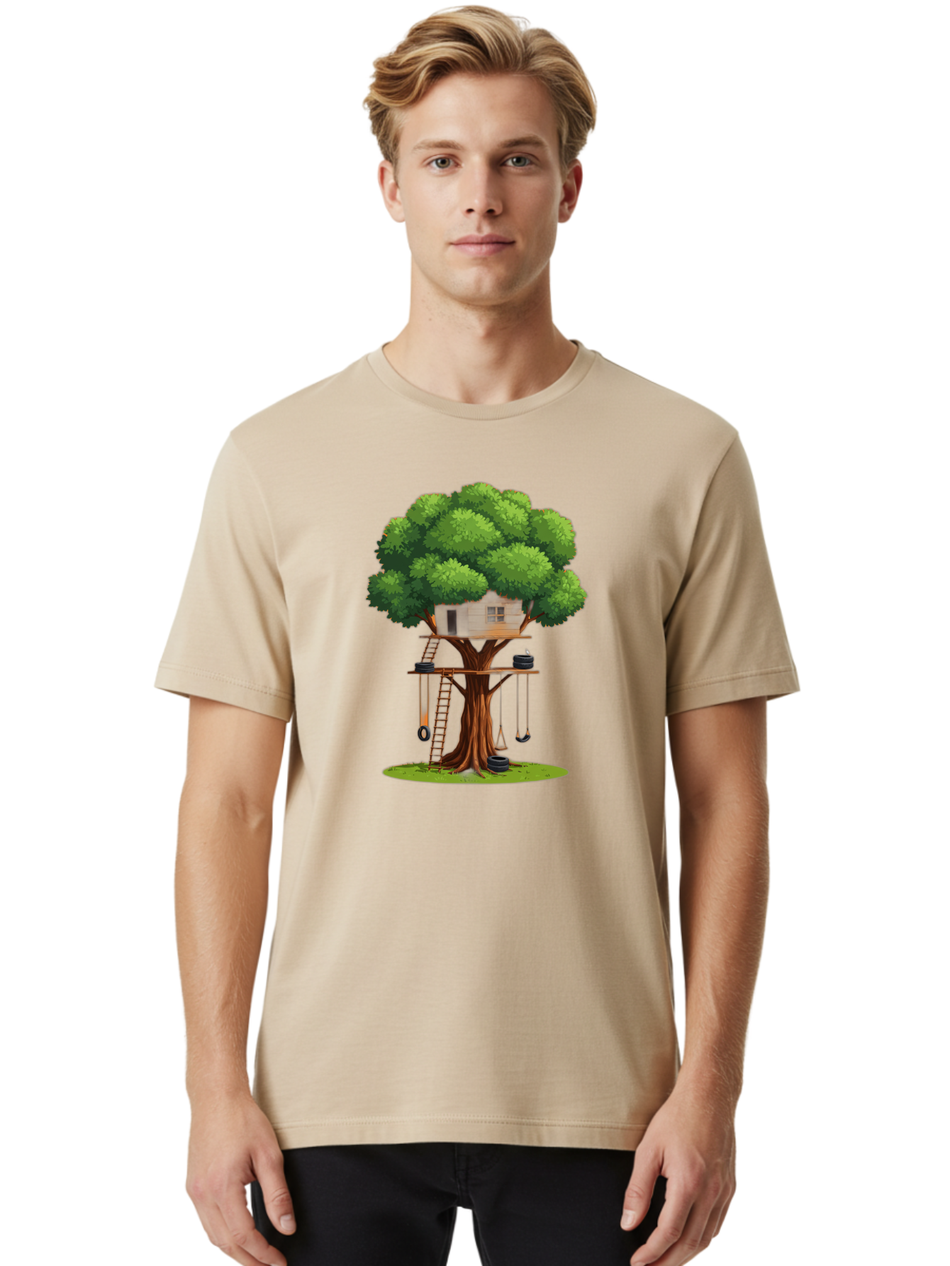 Treehouse Men'S Graphic Tee, 100% Cotton, Comfortable Casual Summer Wear, Machine Washable, Treehouse In The Tree, Wooden Ladder, Rope Swings, Natural Scenery, Outdoor Play, Whimsical Design, Fantasy Getaway, Imaginative Play, Bab552 30