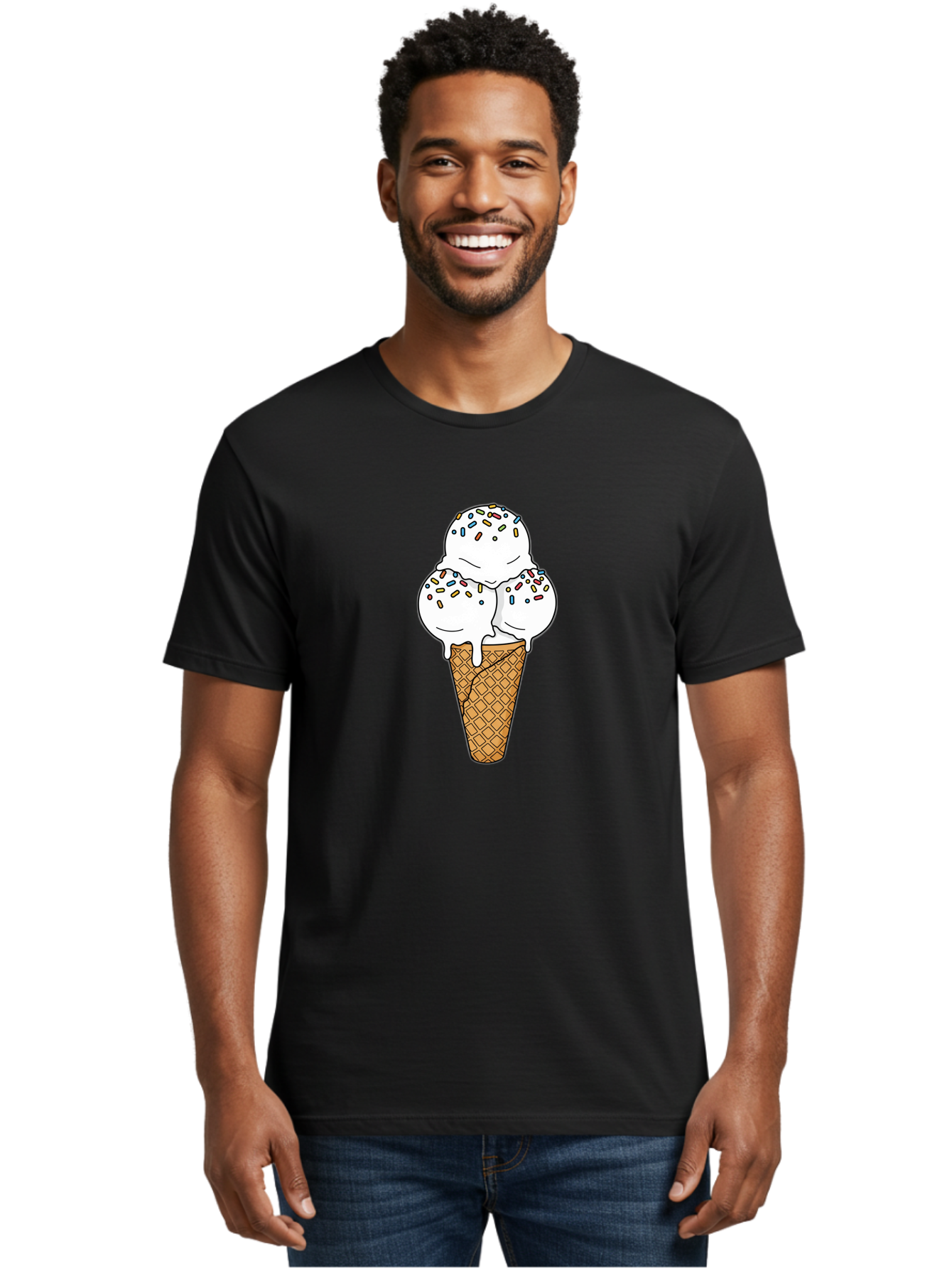 Tri-Scoop-Ice-Cream-Cone Men'S Graphic Tee, 100% Cotton, Comfortable Casual Summer Wear, Machine Washable, White Ice Cream, Colorful Sprinkles, Melting Ice Cream, Waffle Cone, Sweet Treat, Colorful Dessert, Summer Treat, Ice Cream Cone Bab553 27