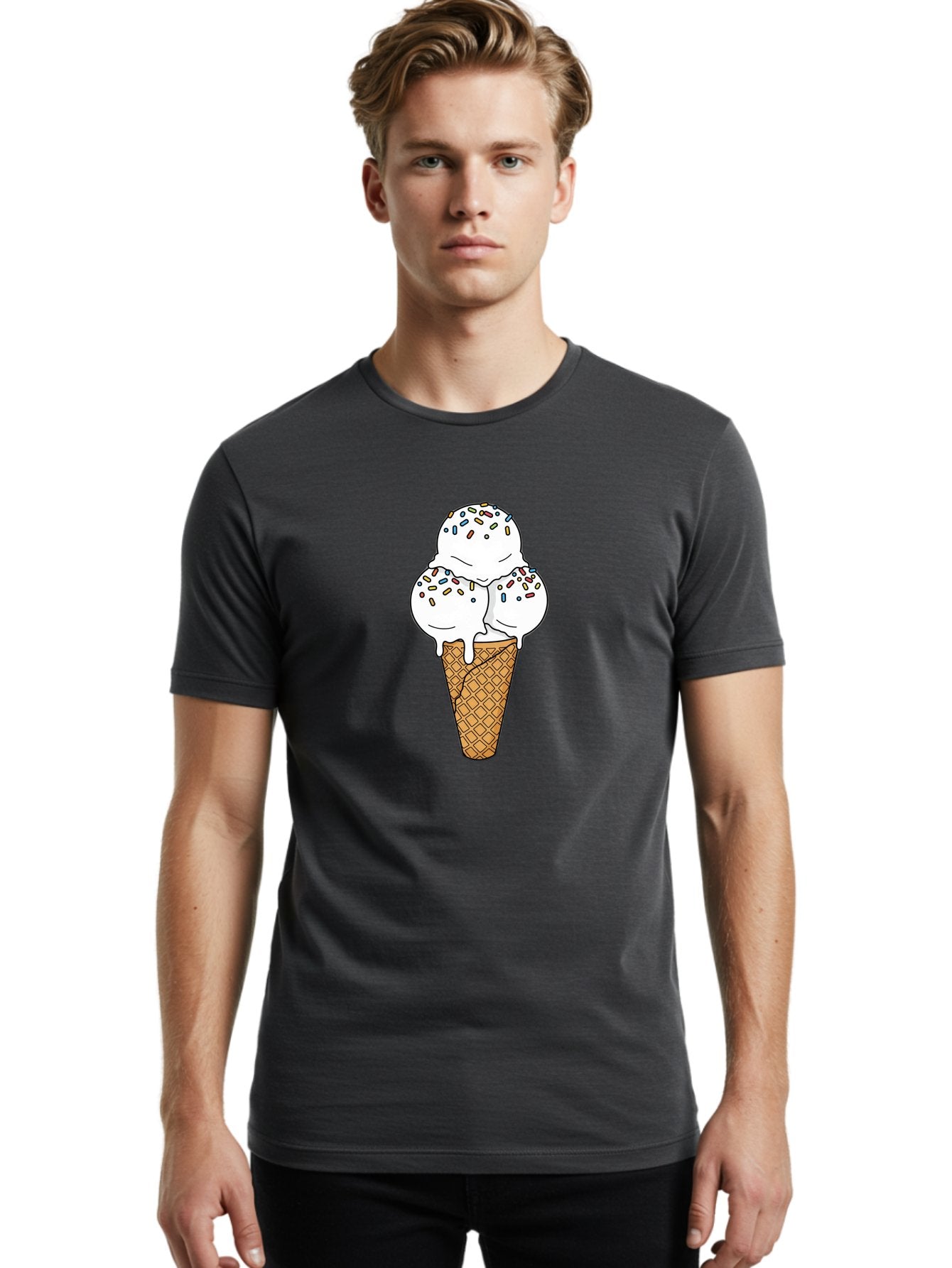 Tri-Scoop-Ice-Cream-Cone Men'S Graphic Tee, 100% Cotton, Comfortable Casual Summer Wear, Machine Washable, White Ice Cream, Colorful Sprinkles, Melting Ice Cream, Waffle Cone, Sweet Treat, Colorful Dessert, Summer Treat, Ice Cream Cone Bab553 17