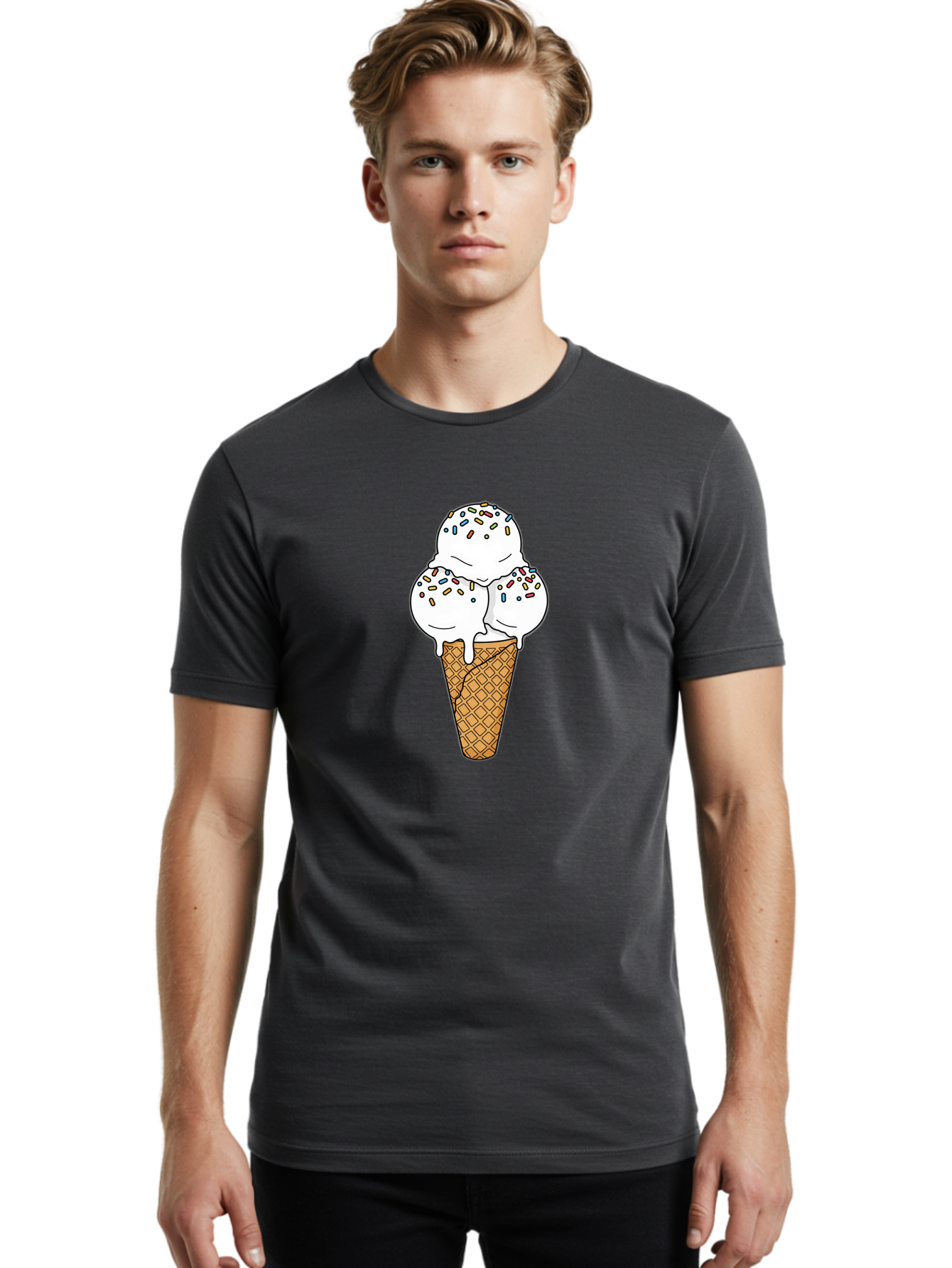 Tri-Scoop-Ice-Cream-Cone Men'S Graphic Tee, 100% Cotton, Comfortable Casual Summer Wear, Machine Washable, White Ice Cream, Colorful Sprinkles, Melting Ice Cream, Waffle Cone, Sweet Treat, Colorful Dessert, Summer Treat, Ice Cream Cone Bab553 29