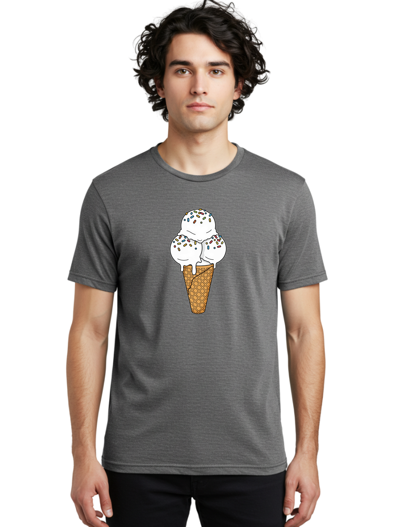 Tri-Scoop-Ice-Cream-Cone Men'S Graphic Tee, 100% Cotton, Comfortable Casual Summer Wear, Machine Washable, White Ice Cream, Colorful Sprinkles, Melting Ice Cream, Waffle Cone, Sweet Treat, Colorful Dessert, Summer Treat, Ice Cream Cone Bab553 24