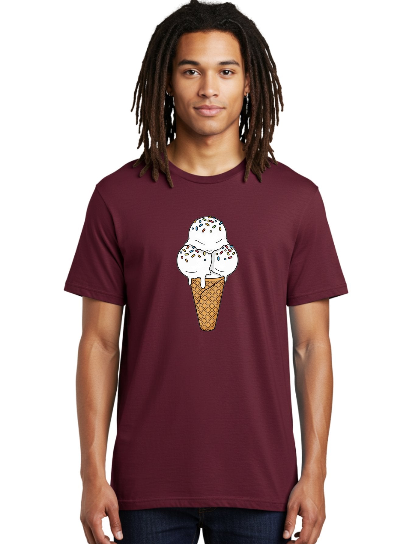 Tri-Scoop-Ice-Cream-Cone Men'S Graphic Tee, 100% Cotton, Comfortable Casual Summer Wear, Machine Washable, White Ice Cream, Colorful Sprinkles, Melting Ice Cream, Waffle Cone, Sweet Treat, Colorful Dessert, Summer Treat, Ice Cream Cone Bab553 24