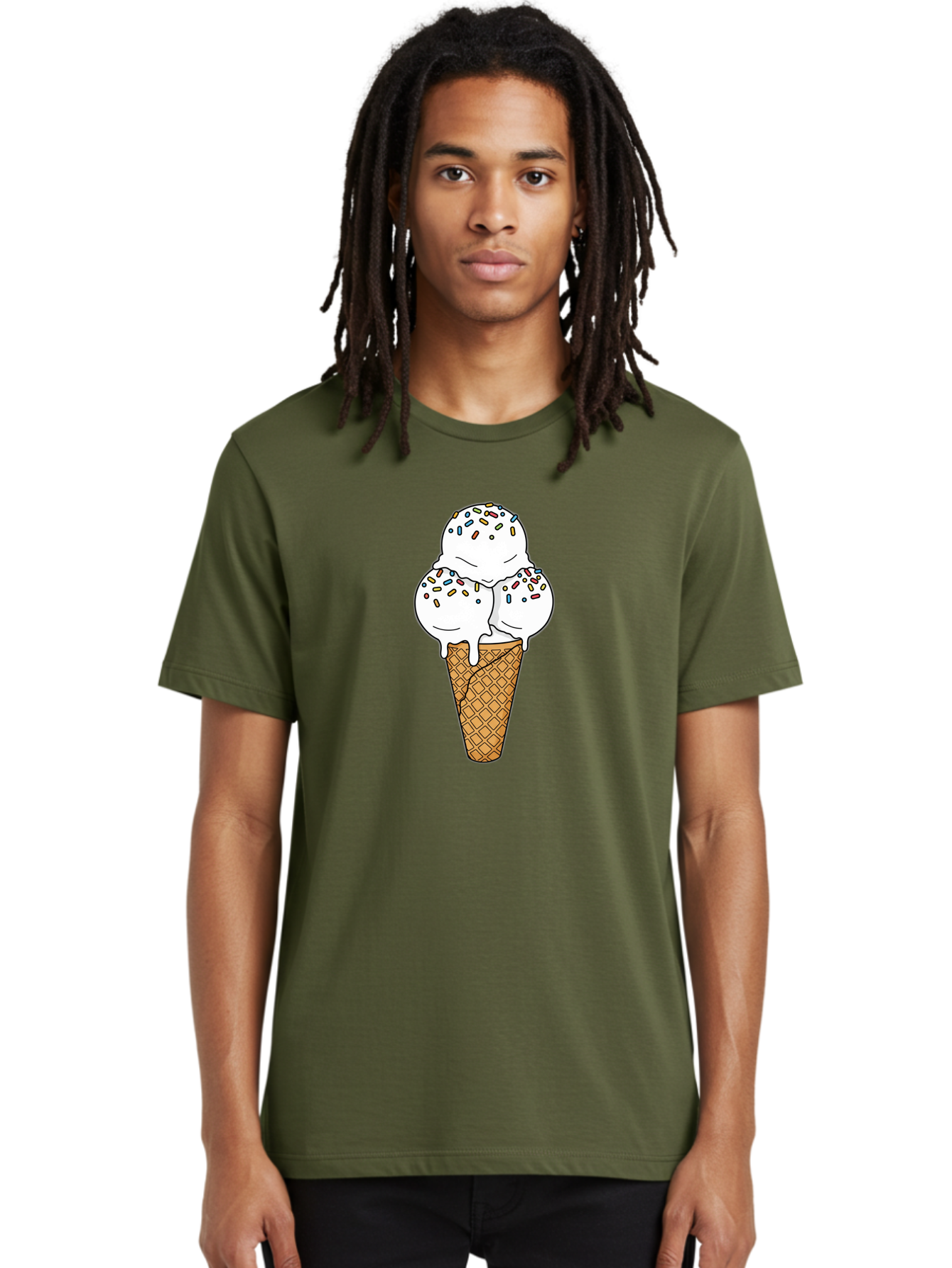 Tri-Scoop-Ice-Cream-Cone Men'S Graphic Tee, 100% Cotton, Comfortable Casual Summer Wear, Machine Washable, White Ice Cream, Colorful Sprinkles, Melting Ice Cream, Waffle Cone, Sweet Treat, Colorful Dessert, Summer Treat, Ice Cream Cone Bab553 18