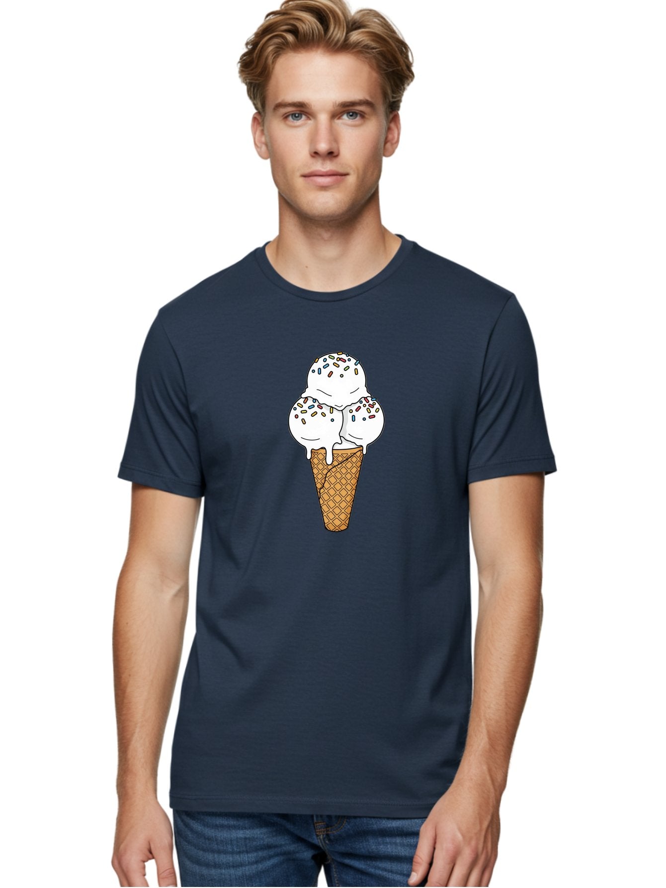 Tri-Scoop-Ice-Cream-Cone Men'S Graphic Tee, 100% Cotton, Comfortable Casual Summer Wear, Machine Washable, White Ice Cream, Colorful Sprinkles, Melting Ice Cream, Waffle Cone, Sweet Treat, Colorful Dessert, Summer Treat, Ice Cream Cone Bab553 30