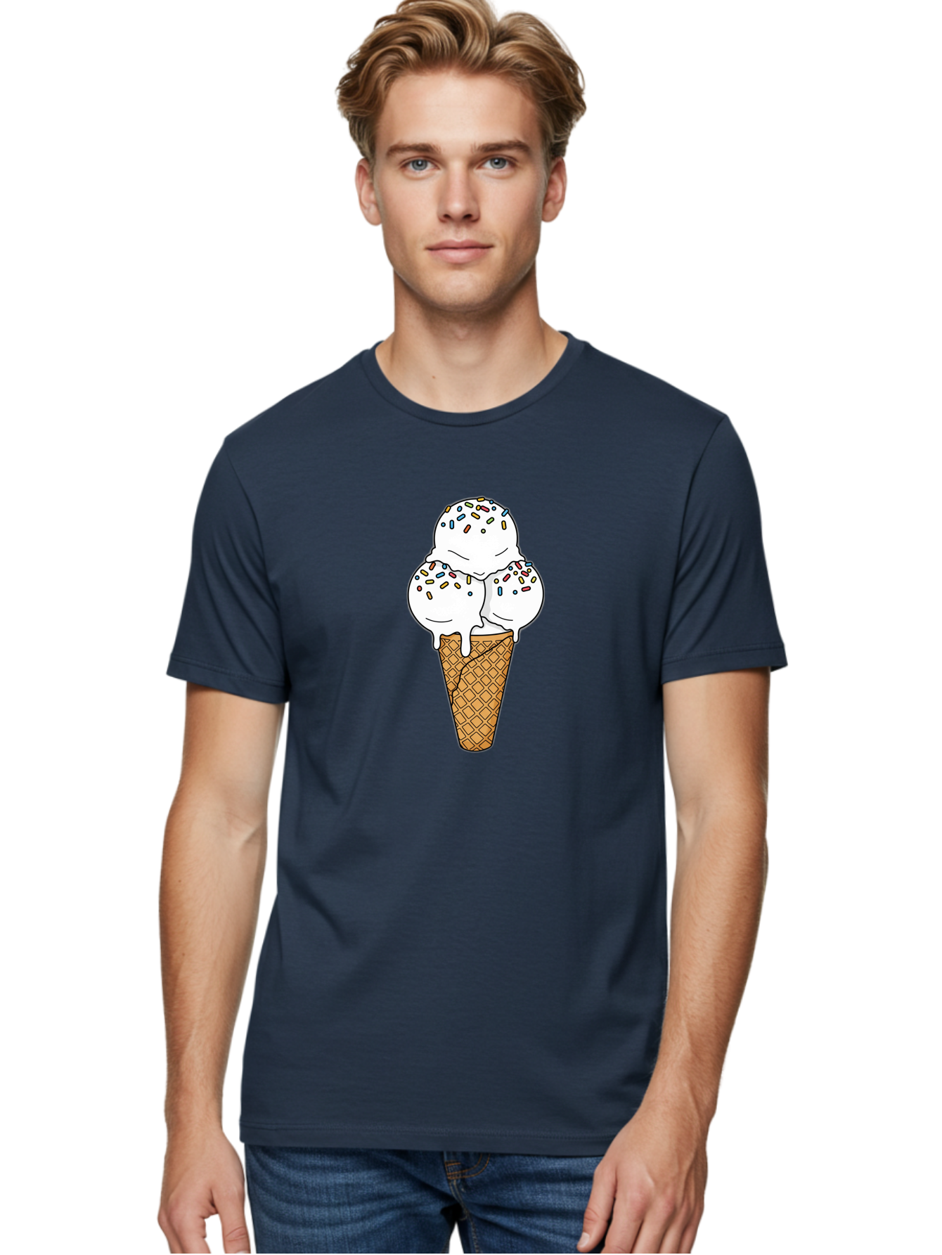 Tri-Scoop-Ice-Cream-Cone Men'S Graphic Tee, 100% Cotton, Comfortable Casual Summer Wear, Machine Washable, White Ice Cream, Colorful Sprinkles, Melting Ice Cream, Waffle Cone, Sweet Treat, Colorful Dessert, Summer Treat, Ice Cream Cone Bab553 16