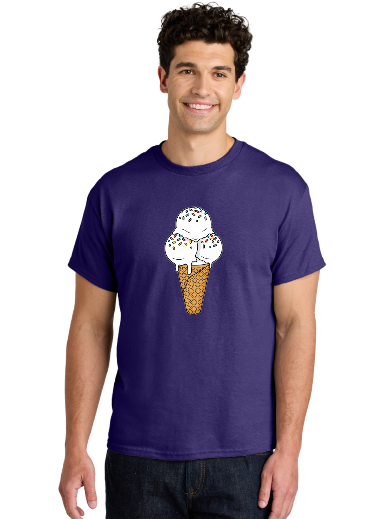 Tri-Scoop-Ice-Cream-Cone Men'S Graphic Tee, 100% Cotton, Comfortable Casual Summer Wear, Machine Washable, White Ice Cream, Colorful Sprinkles, Melting Ice Cream, Waffle Cone, Sweet Treat, Colorful Dessert, Summer Treat, Ice Cream Cone Bab553 23