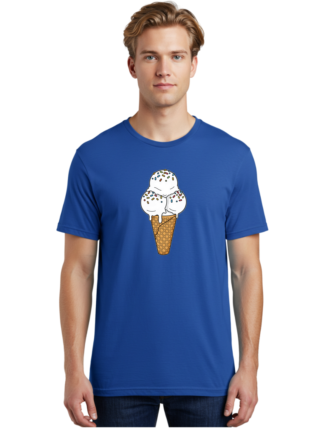 Tri-Scoop-Ice-Cream-Cone Men'S Graphic Tee, 100% Cotton, Comfortable Casual Summer Wear, Machine Washable, White Ice Cream, Colorful Sprinkles, Melting Ice Cream, Waffle Cone, Sweet Treat, Colorful Dessert, Summer Treat, Ice Cream Cone Bab553 20