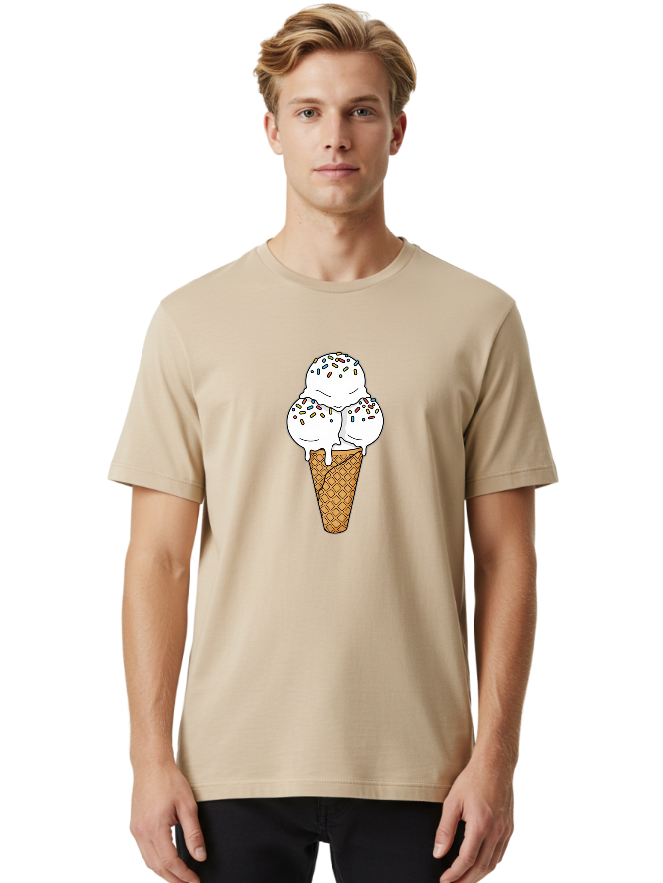 Tri-Scoop-Ice-Cream-Cone Men'S Graphic Tee, 100% Cotton, Comfortable Casual Summer Wear, Machine Washable, White Ice Cream, Colorful Sprinkles, Melting Ice Cream, Waffle Cone, Sweet Treat, Colorful Dessert, Summer Treat, Ice Cream Cone Bab553 28