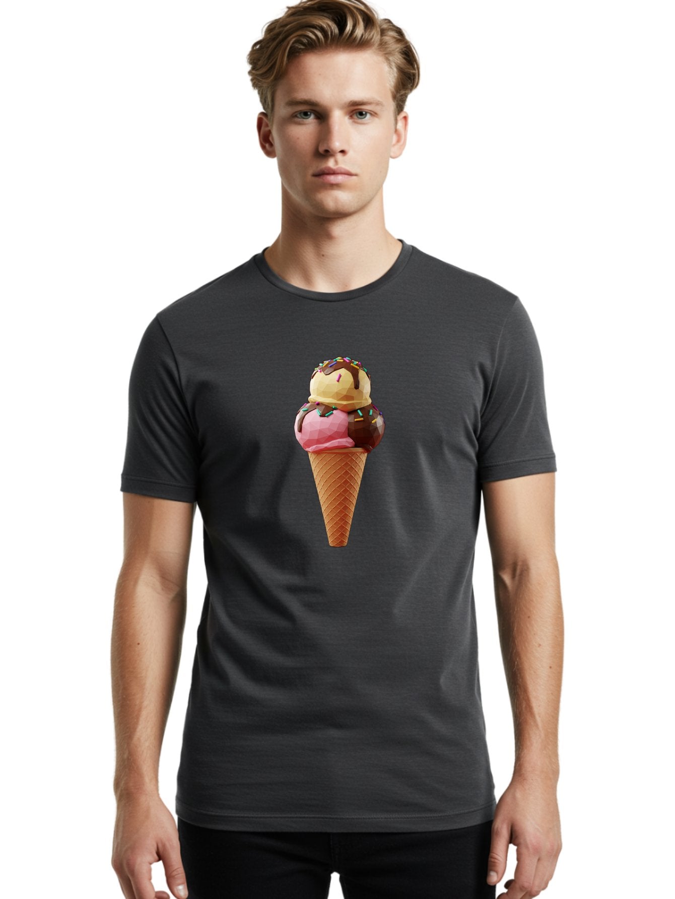 Triple-Scoop-Ice-Cream-1 Men'S Graphic Tee, 100% Cotton, Comfortable Casual Summer Wear, Machine Washable, Tri-Colored Ice Cream Cone, Sweet Treats, Colorful Dessert, Waffle Cone, Chocolate Sauce, Sprinkles, Pink Ice Cream, Brown Ice Cream, Bab554 19