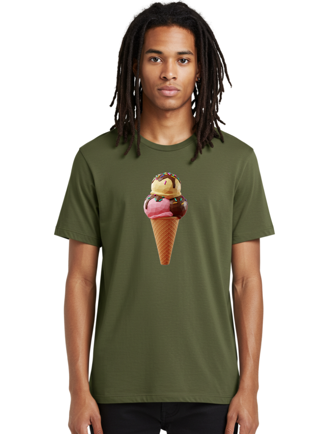 Triple-Scoop-Ice-Cream-1 Men'S Graphic Tee, 100% Cotton, Comfortable Casual Summer Wear, Machine Washable, Tri-Colored Ice Cream Cone, Sweet Treats, Colorful Dessert, Waffle Cone, Chocolate Sauce, Sprinkles, Pink Ice Cream, Brown Ice Cream, Bab554 18