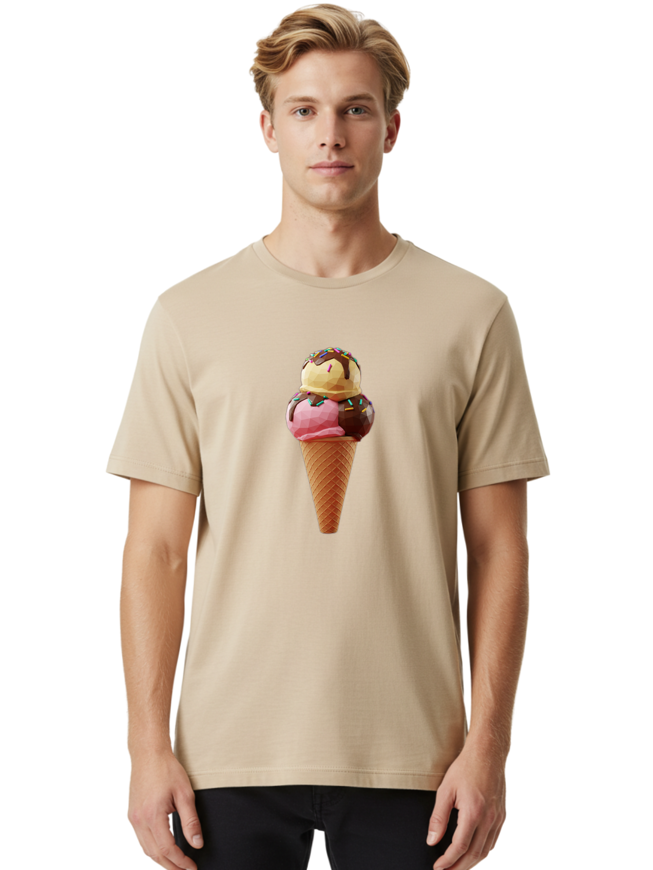 Triple-Scoop-Ice-Cream-1 Men'S Graphic Tee, 100% Cotton, Comfortable Casual Summer Wear, Machine Washable, Tri-Colored Ice Cream Cone, Sweet Treats, Colorful Dessert, Waffle Cone, Chocolate Sauce, Sprinkles, Pink Ice Cream, Brown Ice Cream, Bab554 20