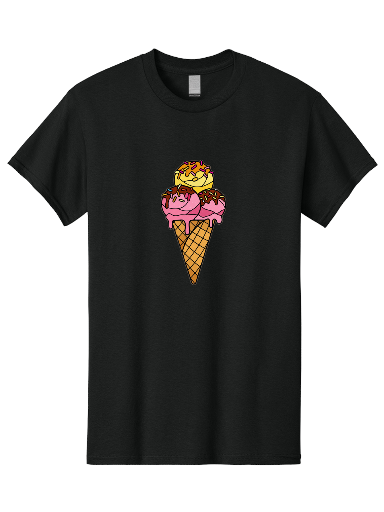 Triple-Scoop-Ice-Cream-2 Men'S Graphic Tee, 100% Cotton, Comfortable Casual Summer Wear, Machine Washable, Ice Cream Cone, Sweet Treats, Dessert, Melting Ice Cream, Pink Ice Cream, Chocolate Drizzle, Sprinkles, Waffle Cone Bab555 11