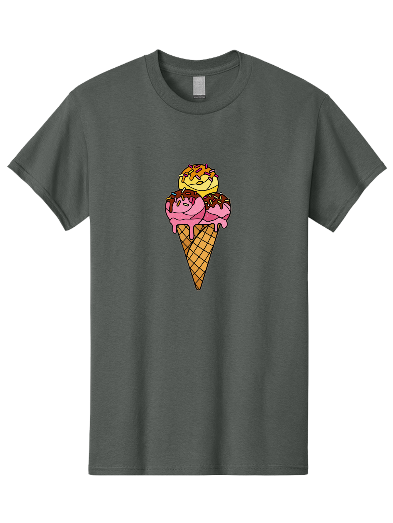 Triple-Scoop-Ice-Cream-2 Men'S Graphic Tee, 100% Cotton, Comfortable Casual Summer Wear, Machine Washable, Ice Cream Cone, Sweet Treats, Dessert, Melting Ice Cream, Pink Ice Cream, Chocolate Drizzle, Sprinkles, Waffle Cone Bab555