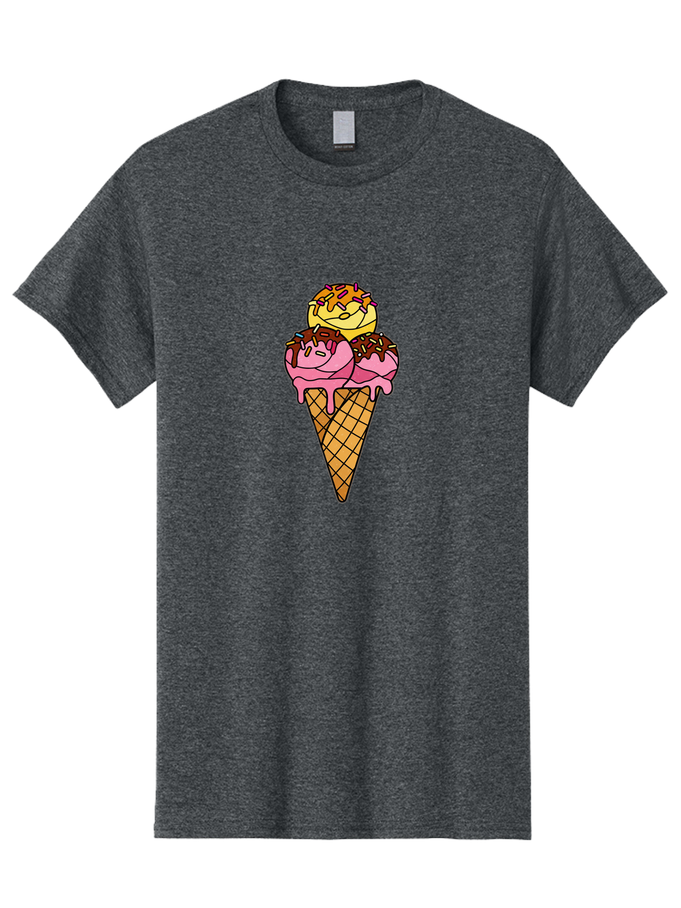 Triple-Scoop-Ice-Cream-2 Men'S Graphic Tee, 100% Cotton, Comfortable Casual Summer Wear, Machine Washable, Ice Cream Cone, Sweet Treats, Dessert, Melting Ice Cream, Pink Ice Cream, Chocolate Drizzle, Sprinkles, Waffle Cone Bab555