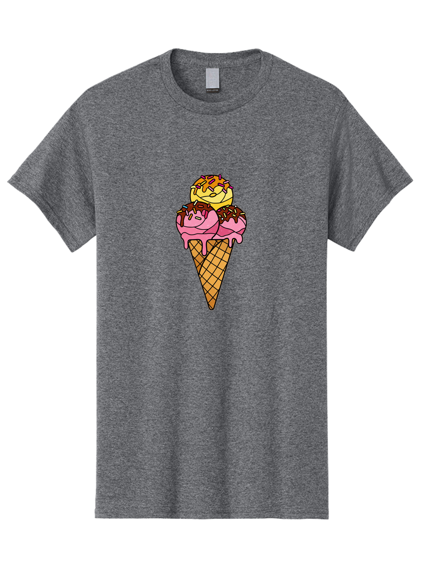 Triple-Scoop-Ice-Cream-2 Men'S Graphic Tee, 100% Cotton, Comfortable Casual Summer Wear, Machine Washable, Ice Cream Cone, Sweet Treats, Dessert, Melting Ice Cream, Pink Ice Cream, Chocolate Drizzle, Sprinkles, Waffle Cone Bab555 5