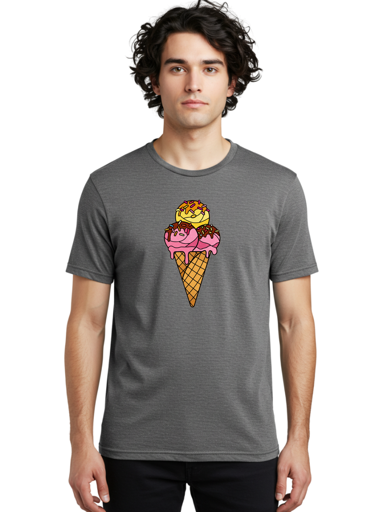 Triple-Scoop-Ice-Cream-2 Men'S Graphic Tee, 100% Cotton, Comfortable Casual Summer Wear, Machine Washable, Ice Cream Cone, Sweet Treats, Dessert, Melting Ice Cream, Pink Ice Cream, Chocolate Drizzle, Sprinkles, Waffle Cone Bab555 20