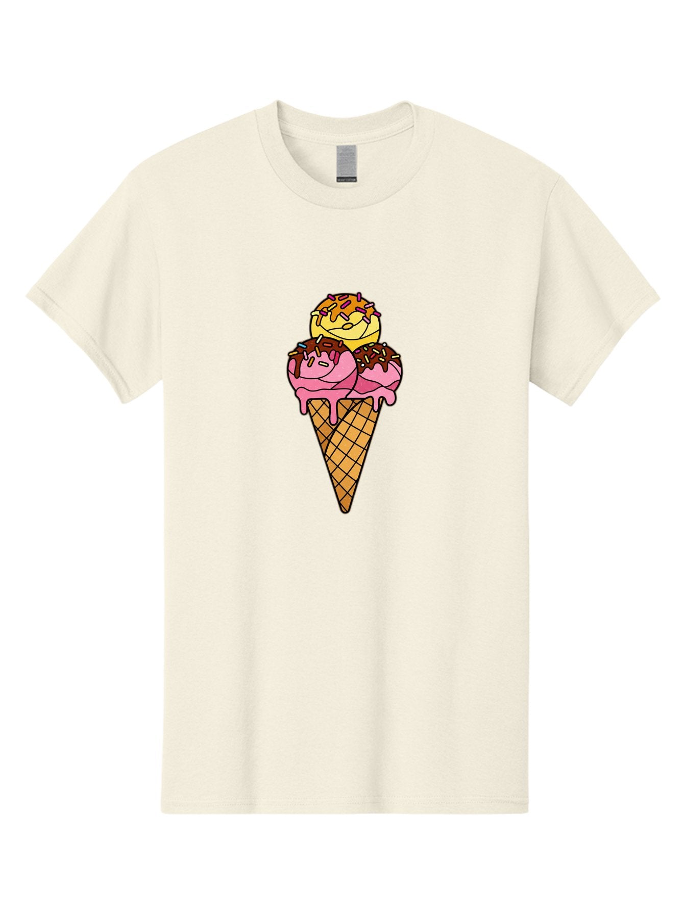 Triple-Scoop-Ice-Cream-2 Men'S Graphic Tee, 100% Cotton, Comfortable Casual Summer Wear, Machine Washable, Ice Cream Cone, Sweet Treats, Dessert, Melting Ice Cream, Pink Ice Cream, Chocolate Drizzle, Sprinkles, Waffle Cone Bab555 12