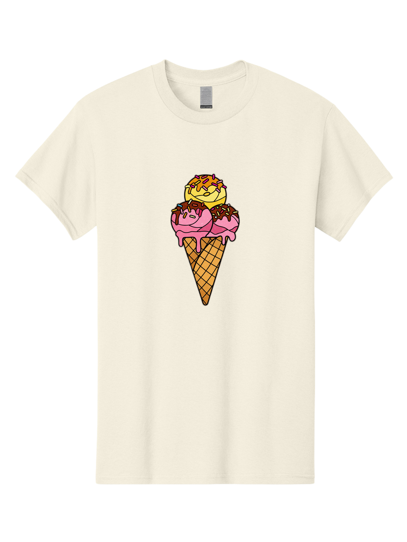 Triple-Scoop-Ice-Cream-2 Men'S Graphic Tee, 100% Cotton, Comfortable Casual Summer Wear, Machine Washable, Ice Cream Cone, Sweet Treats, Dessert, Melting Ice Cream, Pink Ice Cream, Chocolate Drizzle, Sprinkles, Waffle Cone Bab555 3