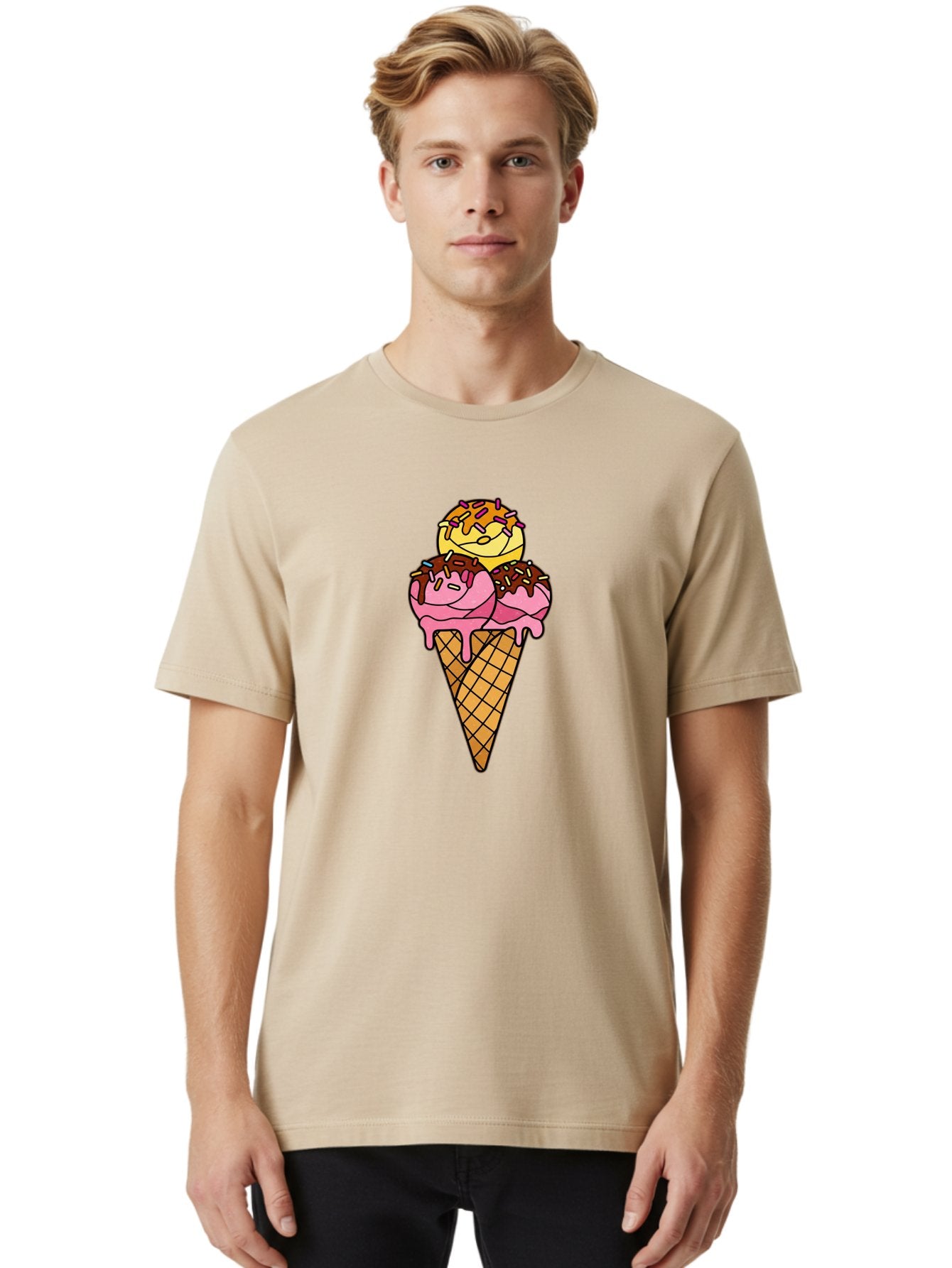 Triple-Scoop-Ice-Cream-2 Men'S Graphic Tee, 100% Cotton, Comfortable Casual Summer Wear, Machine Washable, Ice Cream Cone, Sweet Treats, Dessert, Melting Ice Cream, Pink Ice Cream, Chocolate Drizzle, Sprinkles, Waffle Cone Bab555 20