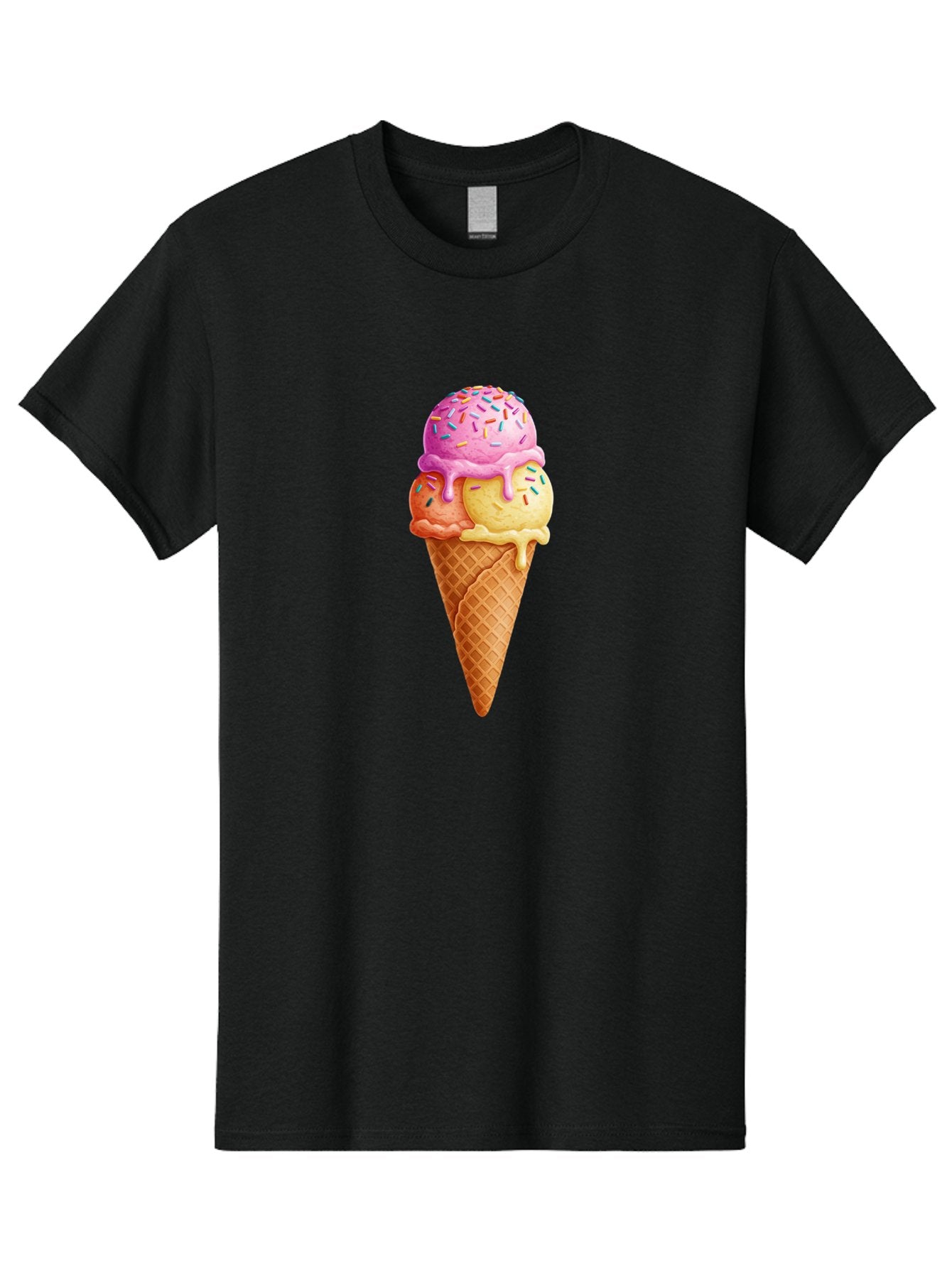 Triple-Scoop-Ice-Cream-3 Men'S Graphic Tee, 100% Cotton, Comfortable Casual Summer Wear, Machine Washable, Triple Scoop Ice Cream, Waffle Cone, Colorful Sprinkles, Melting Ice Cream, Sweet Treat, Dessert Delight, Pastel Colors, Summer Fun, Bab556 4
