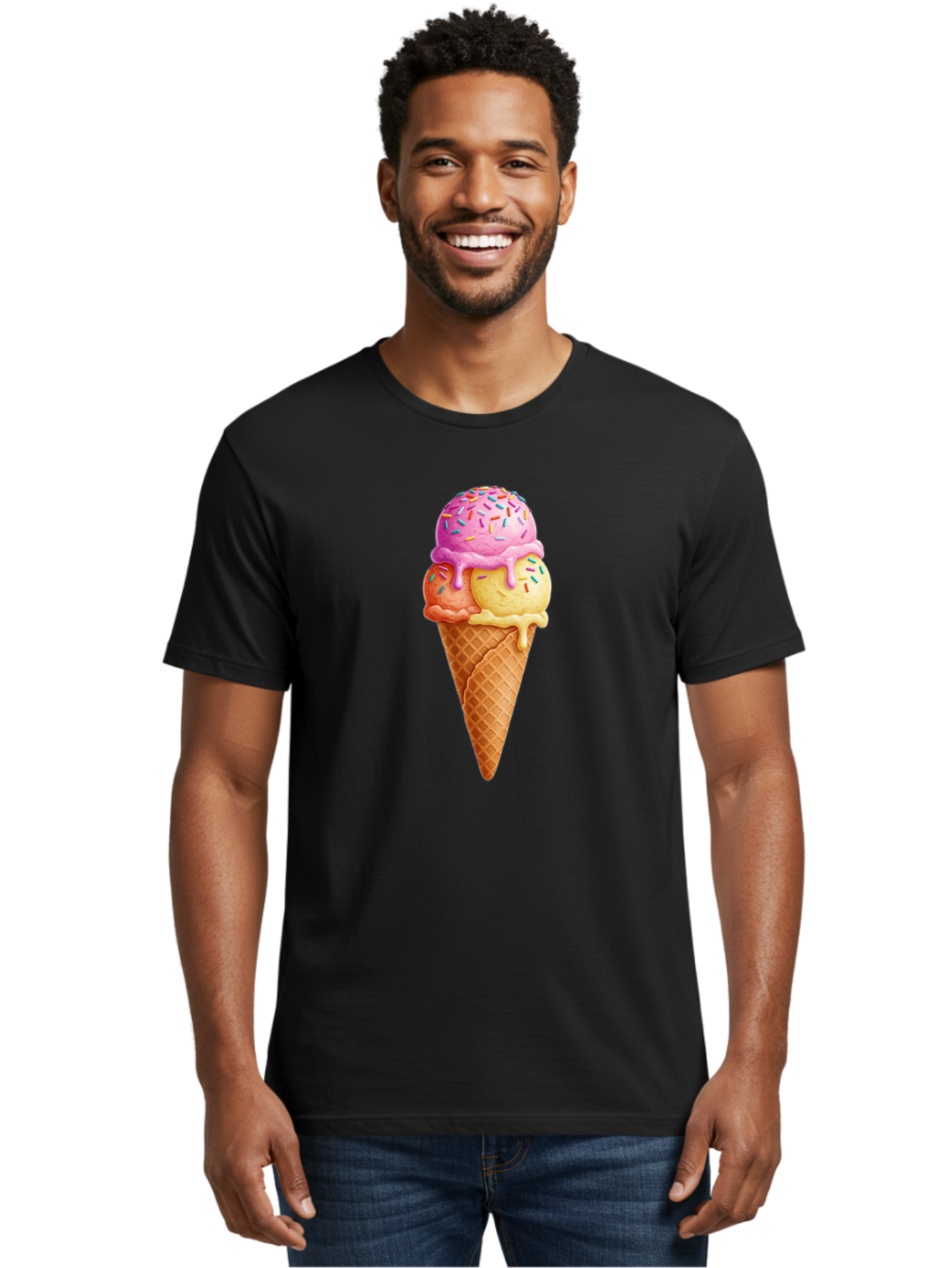 Triple-Scoop-Ice-Cream-3 Men'S Graphic Tee, 100% Cotton, Comfortable Casual Summer Wear, Machine Washable, Triple Scoop Ice Cream, Waffle Cone, Colorful Sprinkles, Melting Ice Cream, Sweet Treat, Dessert Delight, Pastel Colors, Summer Fun, Bab556 27