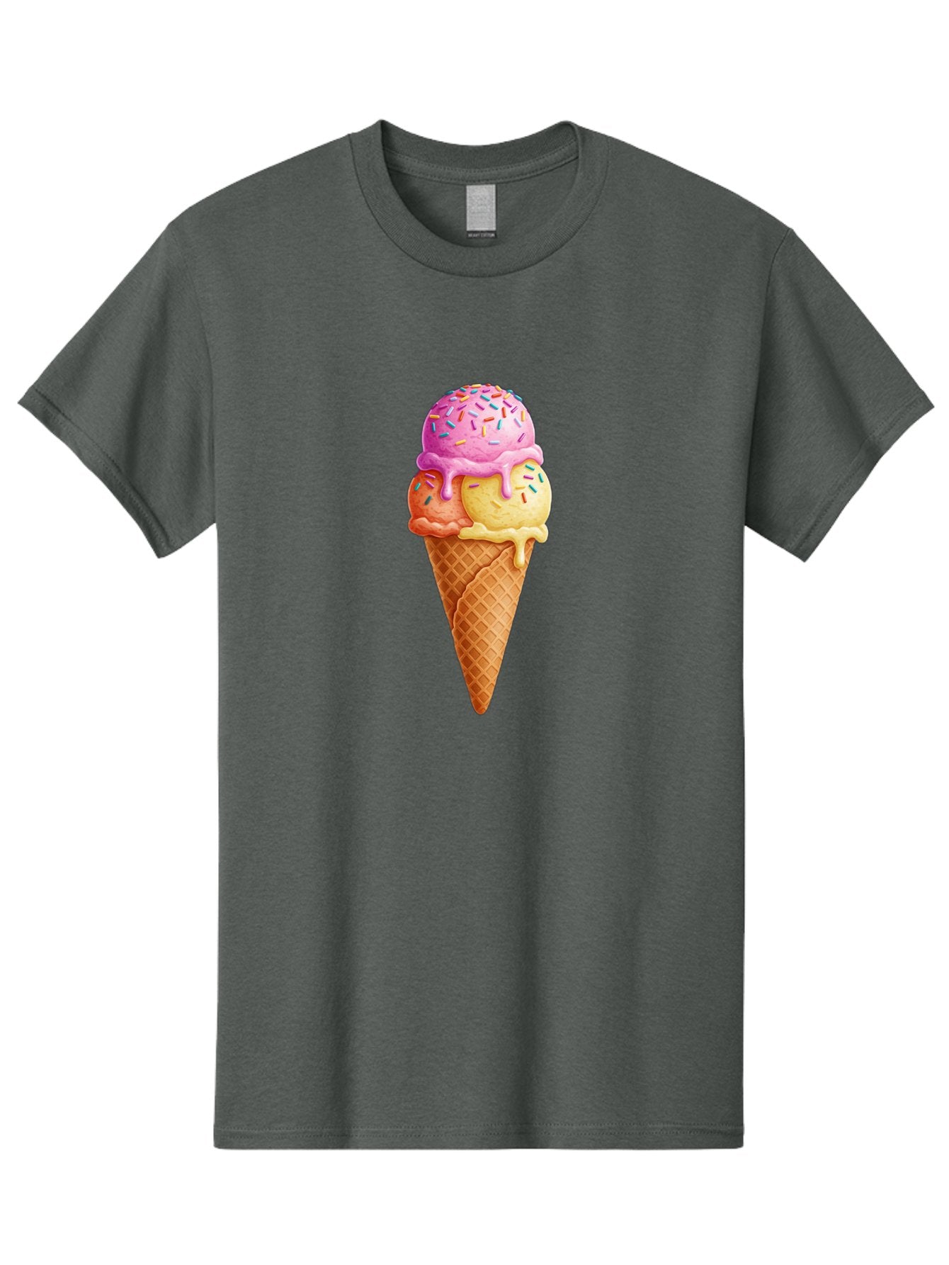 Triple-Scoop-Ice-Cream-3 Men'S Graphic Tee, 100% Cotton, Comfortable Casual Summer Wear, Machine Washable, Triple Scoop Ice Cream, Waffle Cone, Colorful Sprinkles, Melting Ice Cream, Sweet Treat, Dessert Delight, Pastel Colors, Summer Fun, Bab556