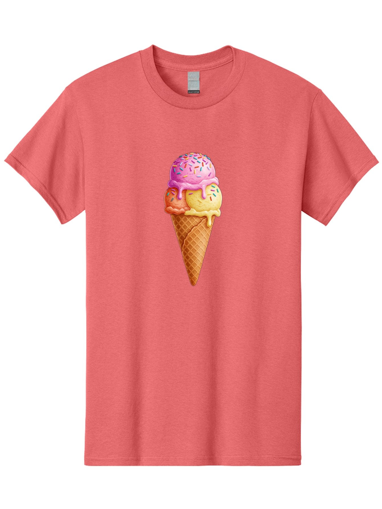 Triple-Scoop-Ice-Cream-3 Men'S Graphic Tee, 100% Cotton, Comfortable Casual Summer Wear, Machine Washable, Triple Scoop Ice Cream, Waffle Cone, Colorful Sprinkles, Melting Ice Cream, Sweet Treat, Dessert Delight, Pastel Colors, Summer Fun, Bab556 14