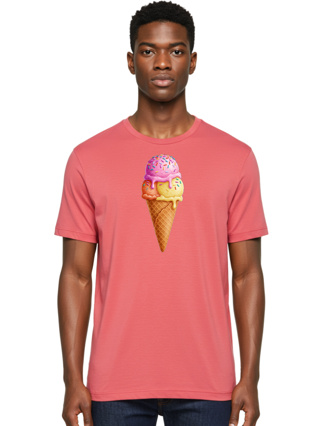 Triple-Scoop-Ice-Cream-3 Men'S Graphic Tee, 100% Cotton, Comfortable Casual Summer Wear, Machine Washable, Triple Scoop Ice Cream, Waffle Cone, Colorful Sprinkles, Melting Ice Cream, Sweet Treat, Dessert Delight, Pastel Colors, Summer Fun, Bab556 17