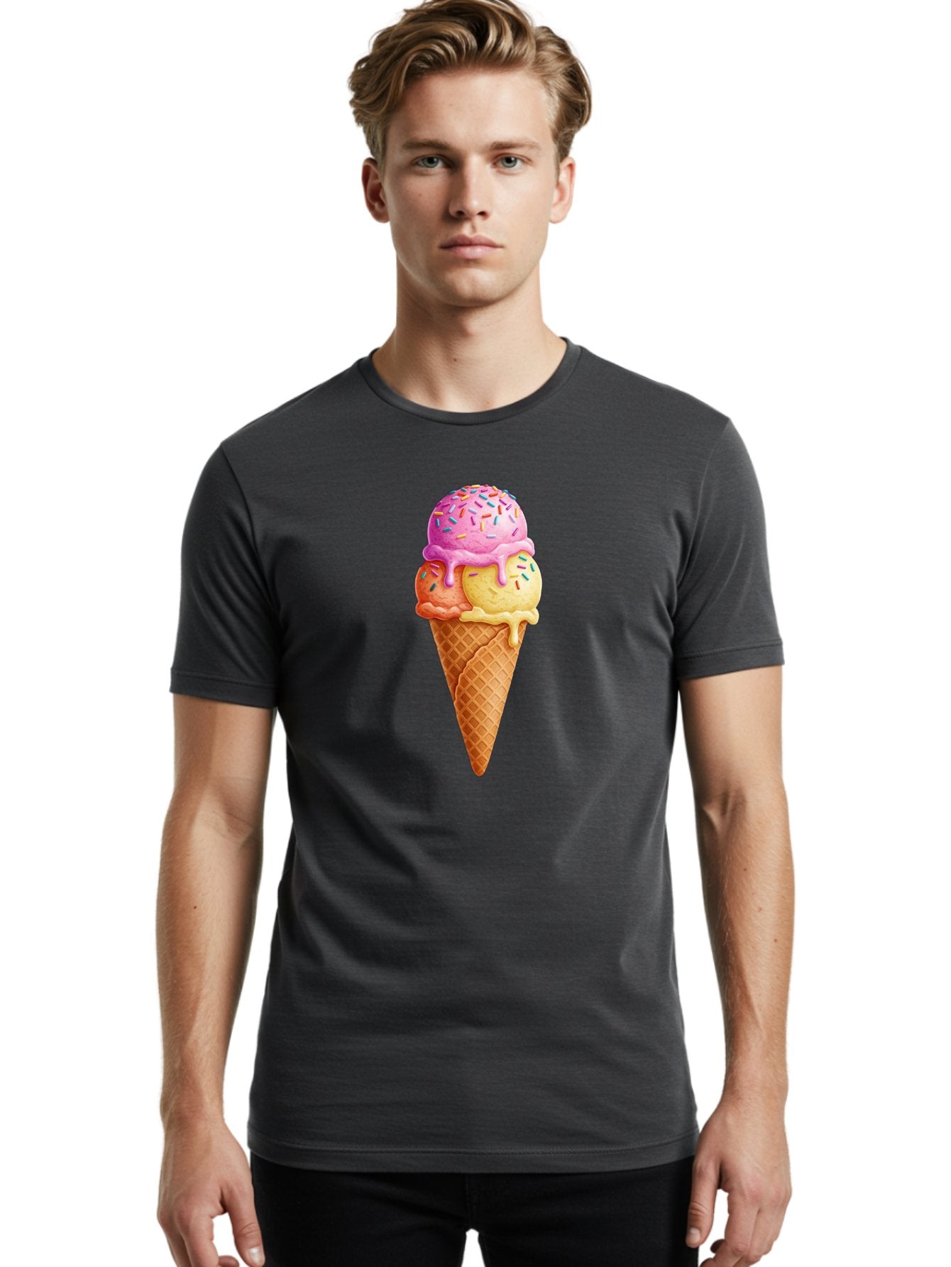 Triple-Scoop-Ice-Cream-3 Men'S Graphic Tee, 100% Cotton, Comfortable Casual Summer Wear, Machine Washable, Triple Scoop Ice Cream, Waffle Cone, Colorful Sprinkles, Melting Ice Cream, Sweet Treat, Dessert Delight, Pastel Colors, Summer Fun, Bab556 20