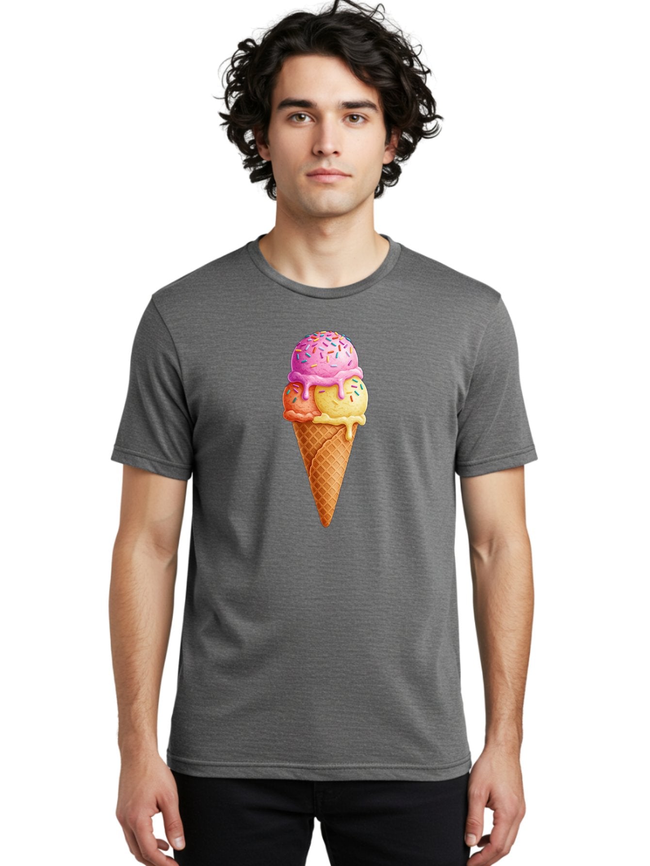 Triple-Scoop-Ice-Cream-3 Men'S Graphic Tee, 100% Cotton, Comfortable Casual Summer Wear, Machine Washable, Triple Scoop Ice Cream, Waffle Cone, Colorful Sprinkles, Melting Ice Cream, Sweet Treat, Dessert Delight, Pastel Colors, Summer Fun, Bab556 24