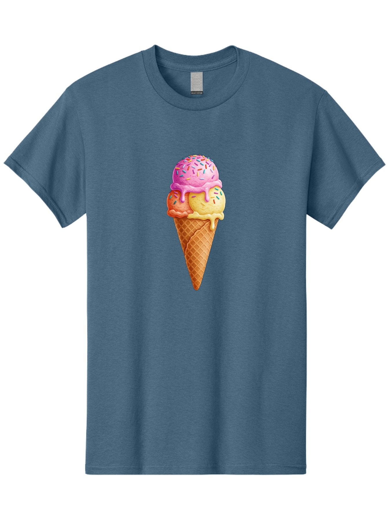 Triple-Scoop-Ice-Cream-3 Men'S Graphic Tee, 100% Cotton, Comfortable Casual Summer Wear, Machine Washable, Triple Scoop Ice Cream, Waffle Cone, Colorful Sprinkles, Melting Ice Cream, Sweet Treat, Dessert Delight, Pastel Colors, Summer Fun, Bab556 3