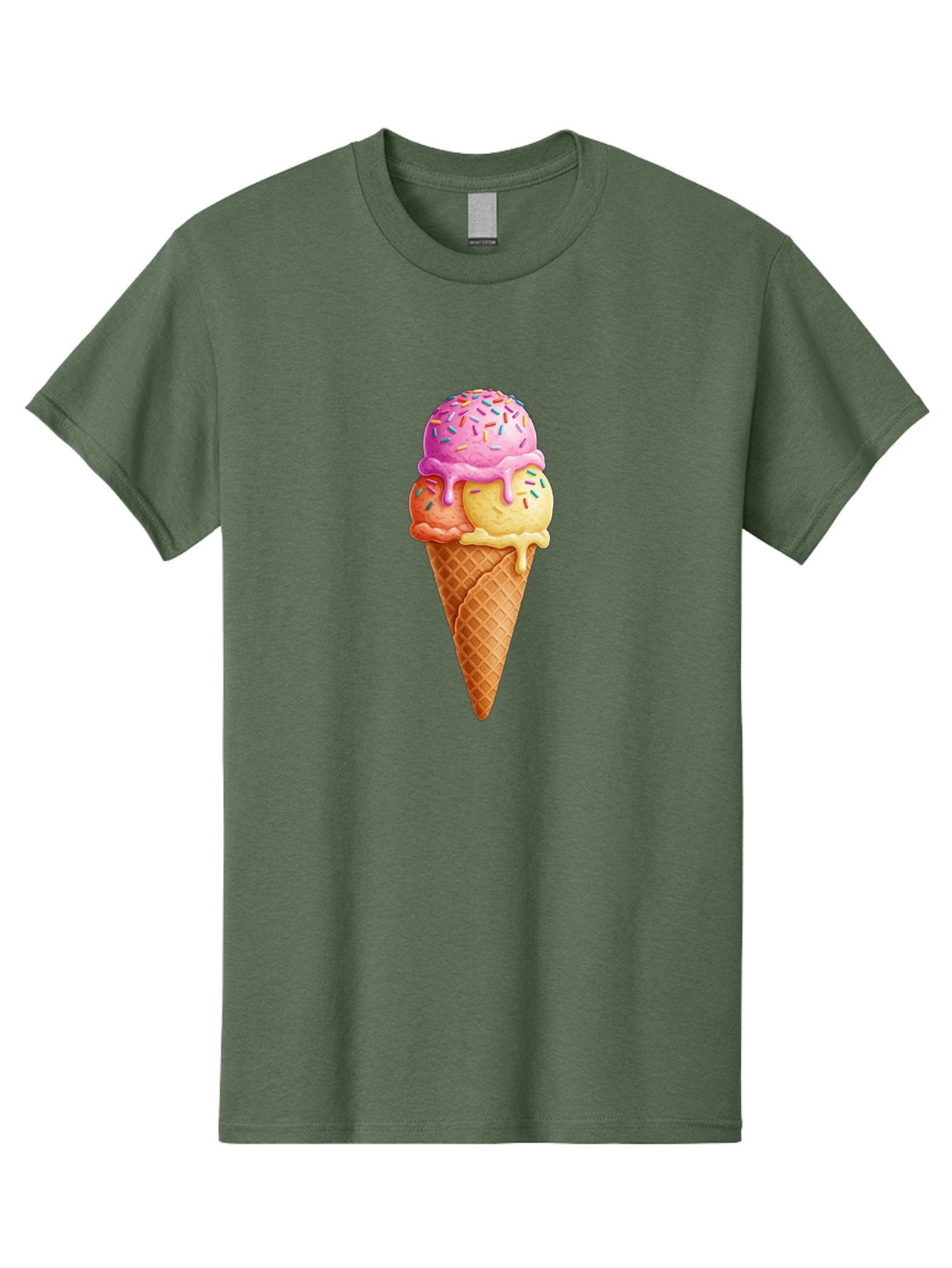 Triple-Scoop-Ice-Cream-3 Men'S Graphic Tee, 100% Cotton, Comfortable Casual Summer Wear, Machine Washable, Triple Scoop Ice Cream, Waffle Cone, Colorful Sprinkles, Melting Ice Cream, Sweet Treat, Dessert Delight, Pastel Colors, Summer Fun, Bab556 10